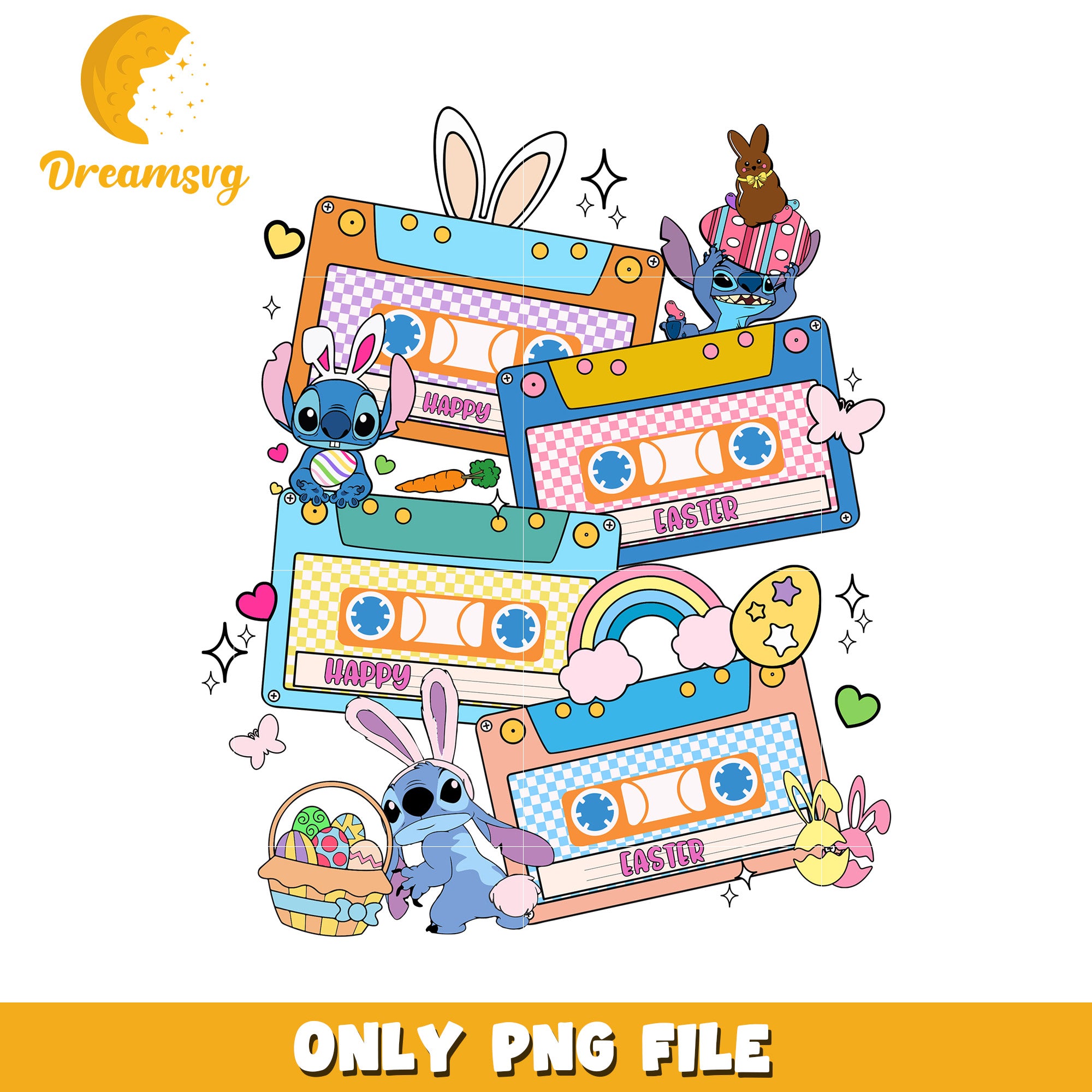 Happy Easter Bunny Stitch Vintage Tape PNG Design