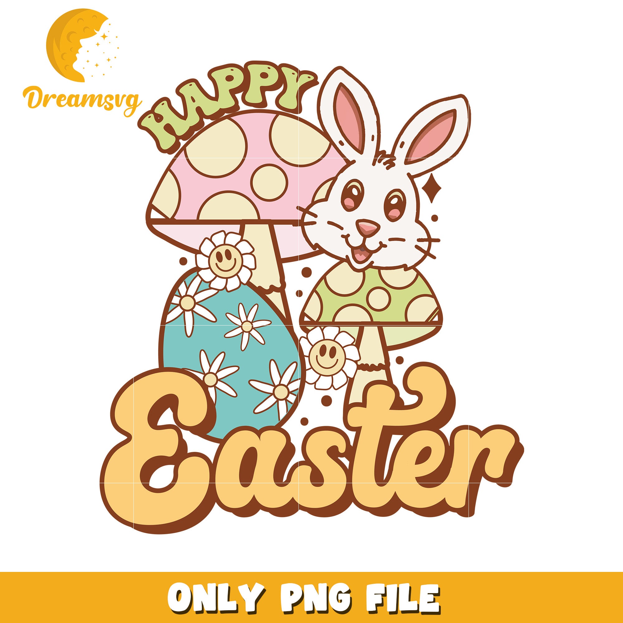 Happy Easter Bunny and Colorful Mushrooms PNG Design