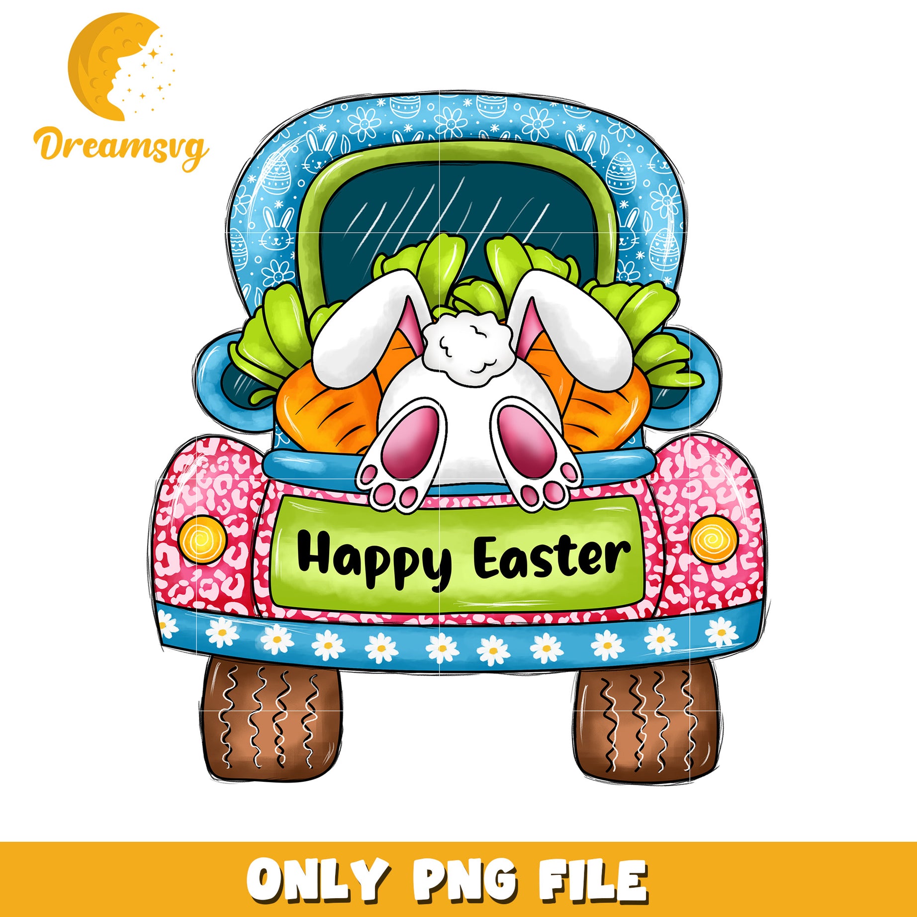 Happy Easter Bunny in Vintage Truck with Carrots PNG