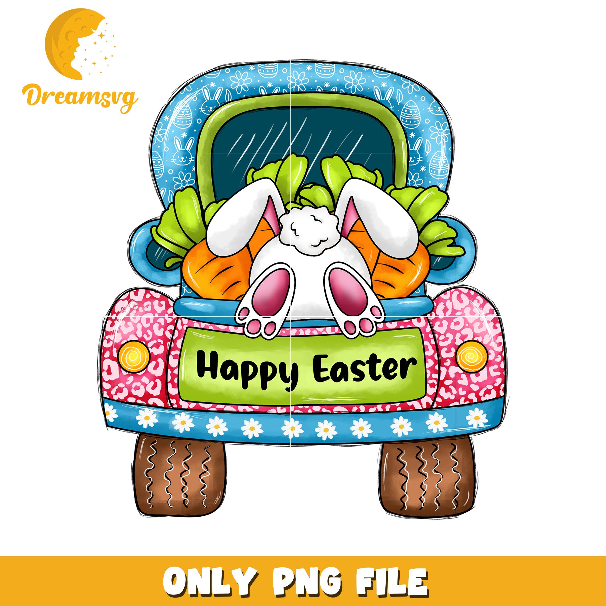 Happy Easter Bunny in Vintage Truck with Carrots PNG