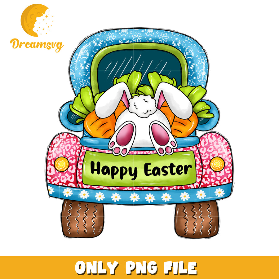 Happy Easter Bunny in Vintage Truck with Carrots PNG