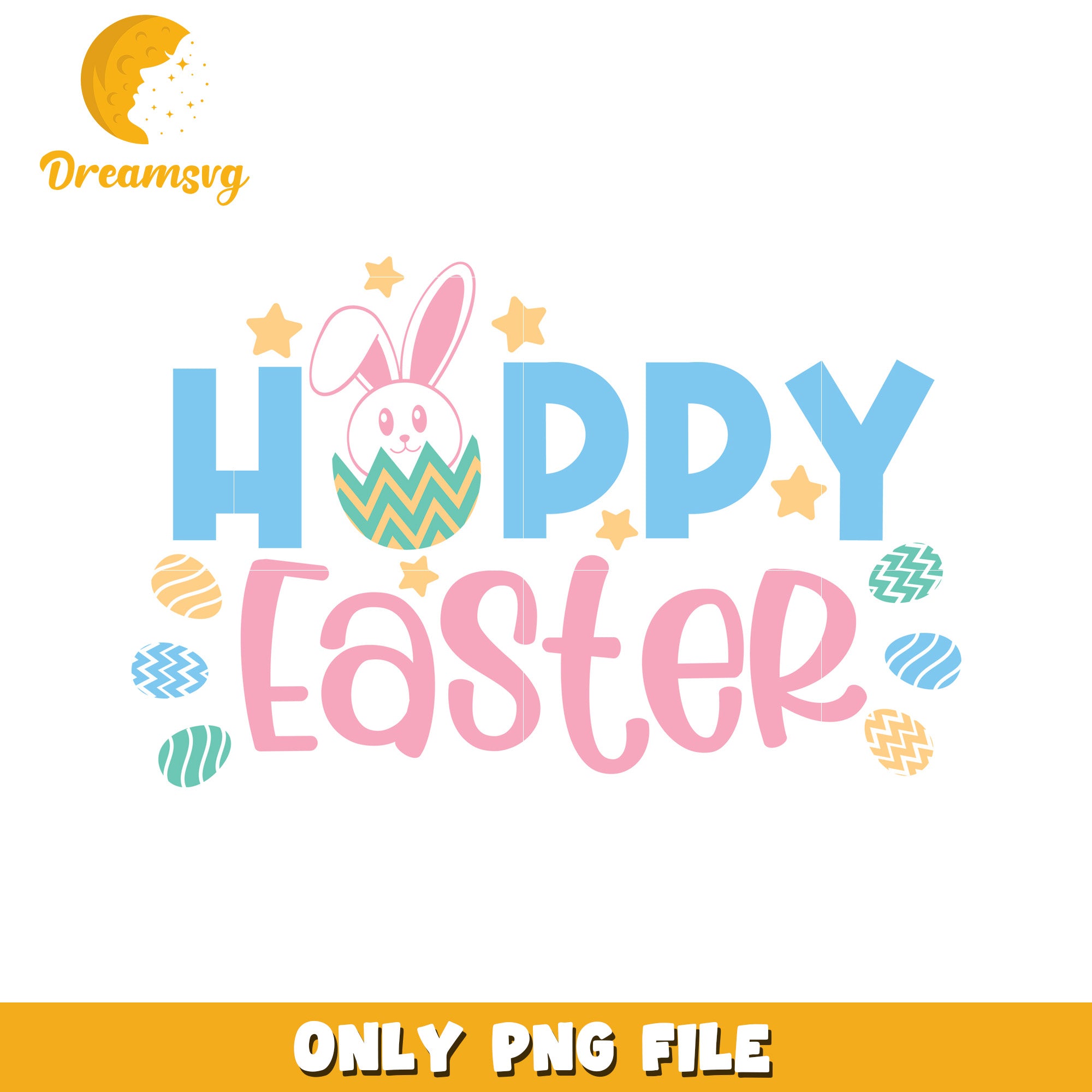 Happy Easter Bunny with Colorful Eggs and Stars PNG Art