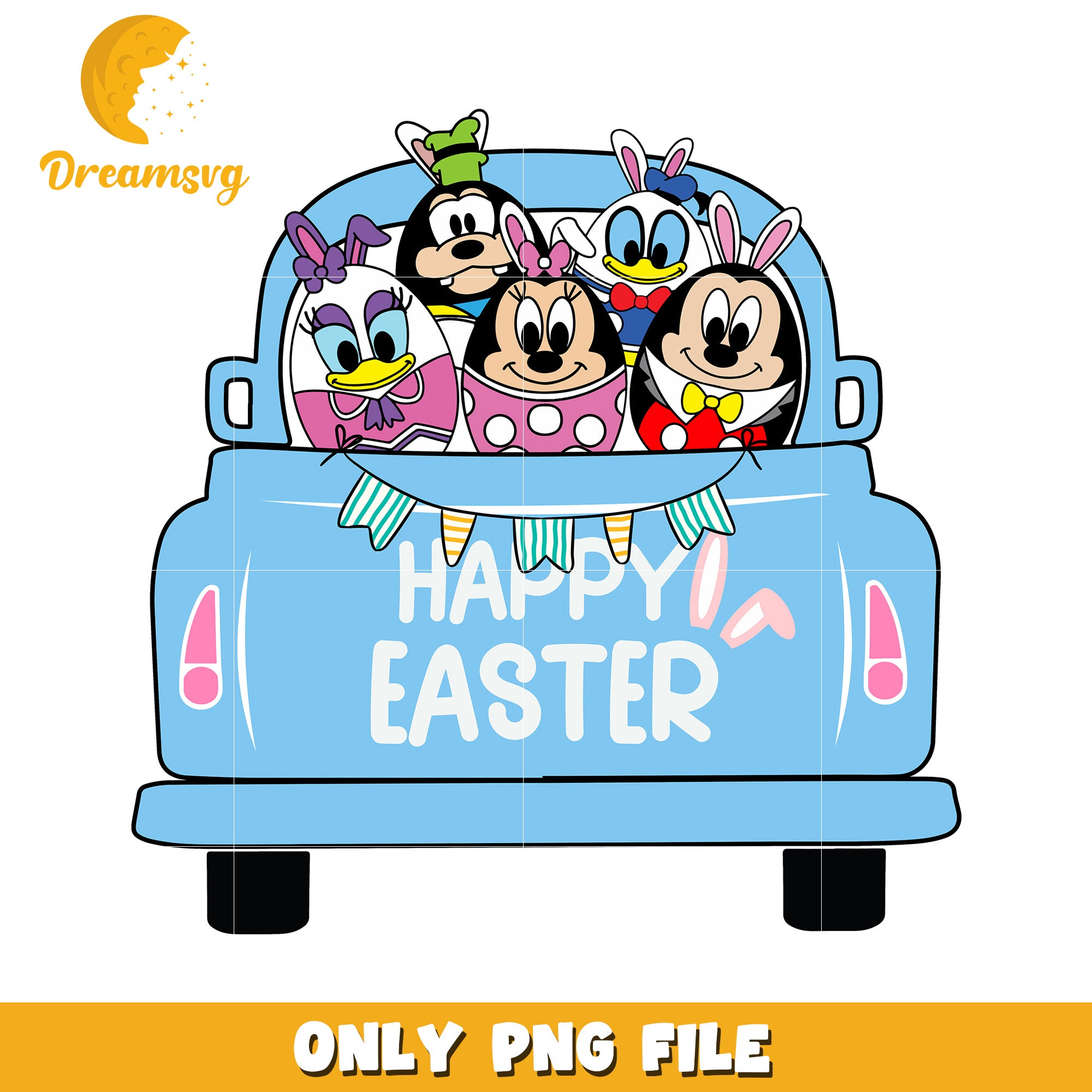 Happy Easter Cartoon Friends in Vintage Blue Truck PNG