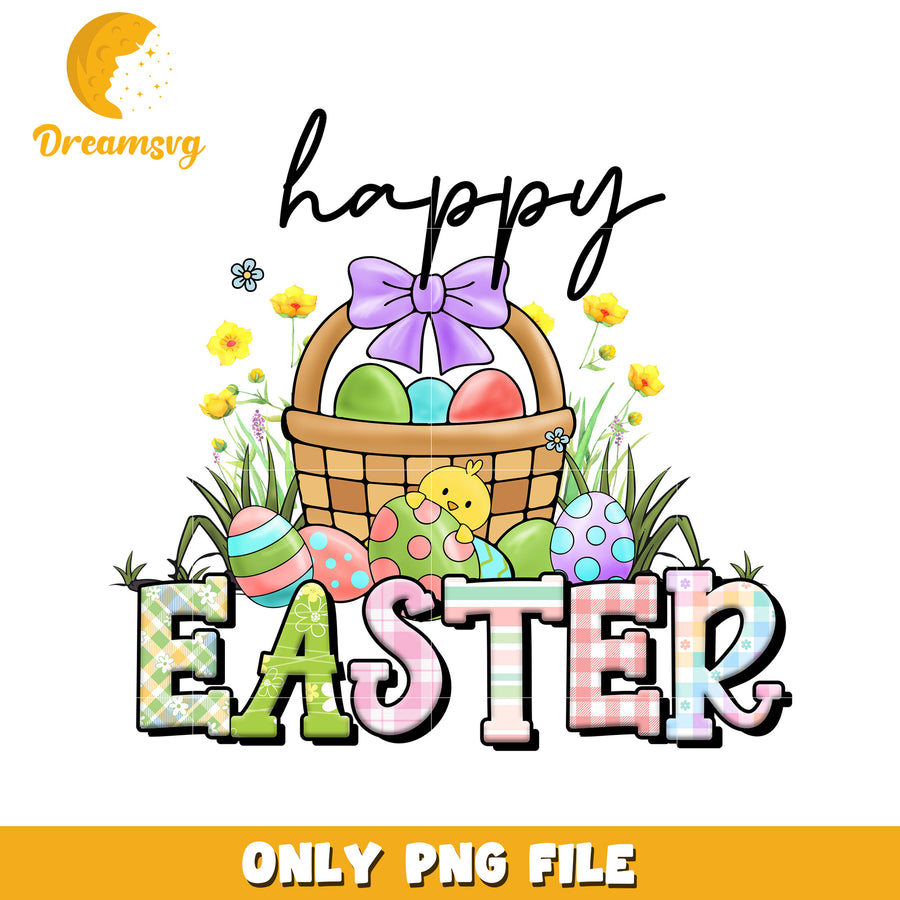 Happy Easter Colorful Basket and Eggs PNG Design