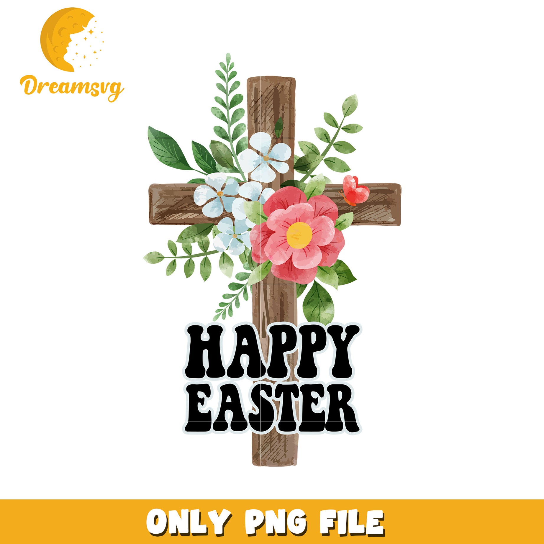 Happy Easter Cross PNG Floral Watercolor Design
