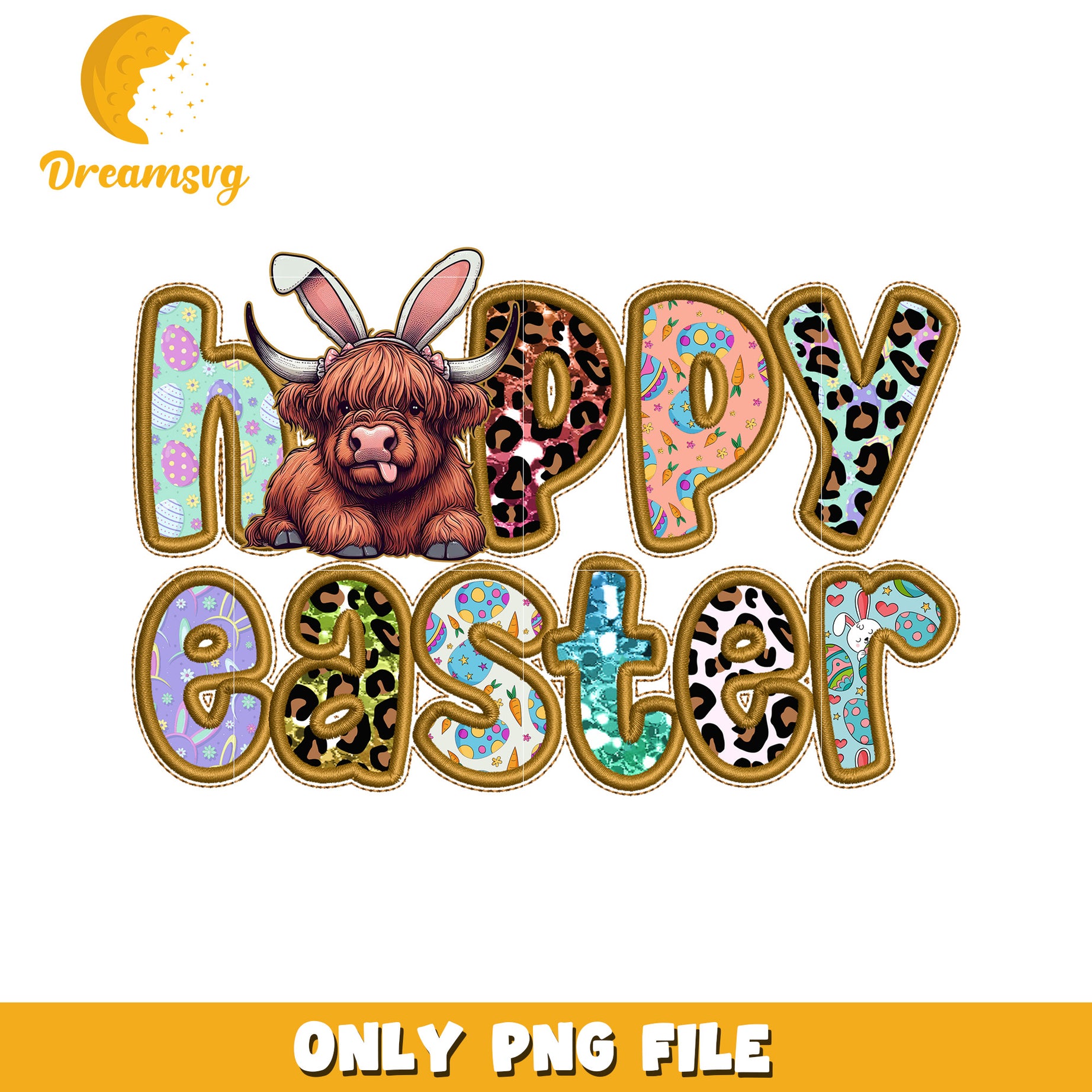 Happy Easter Decorative PNG with Cute Highland Cow Design