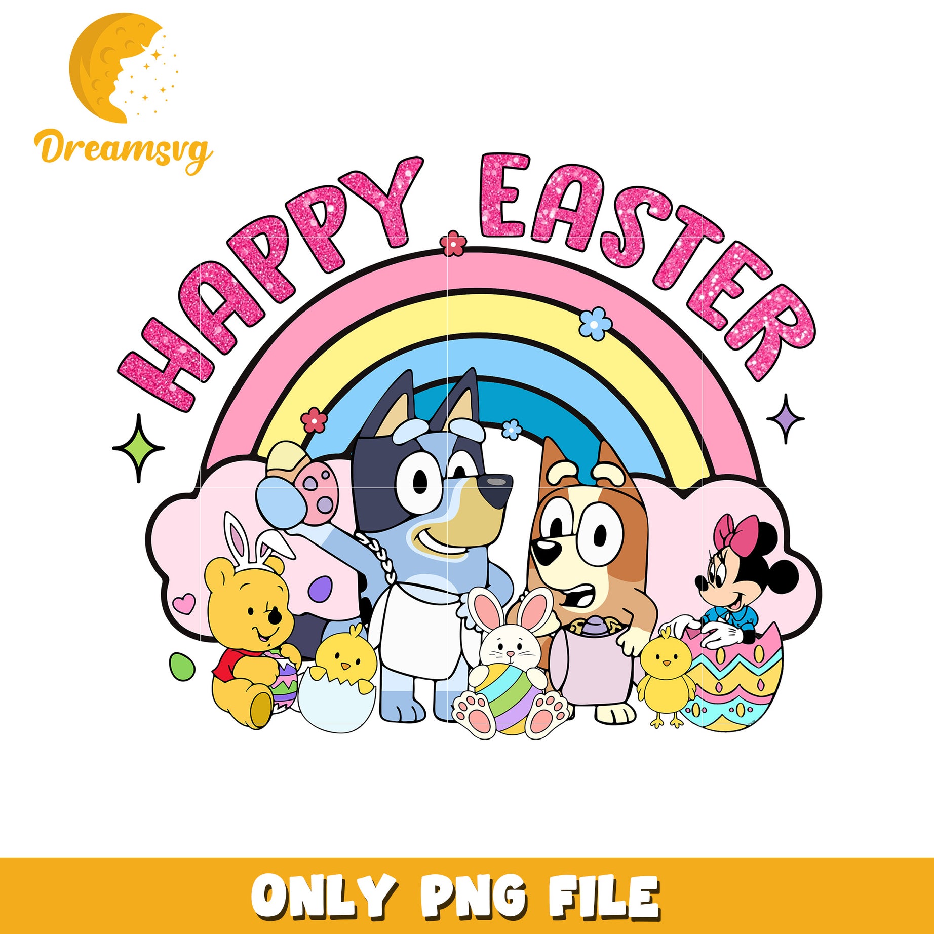 Happy Easter Design with Rainbow and Cute Characters PNG