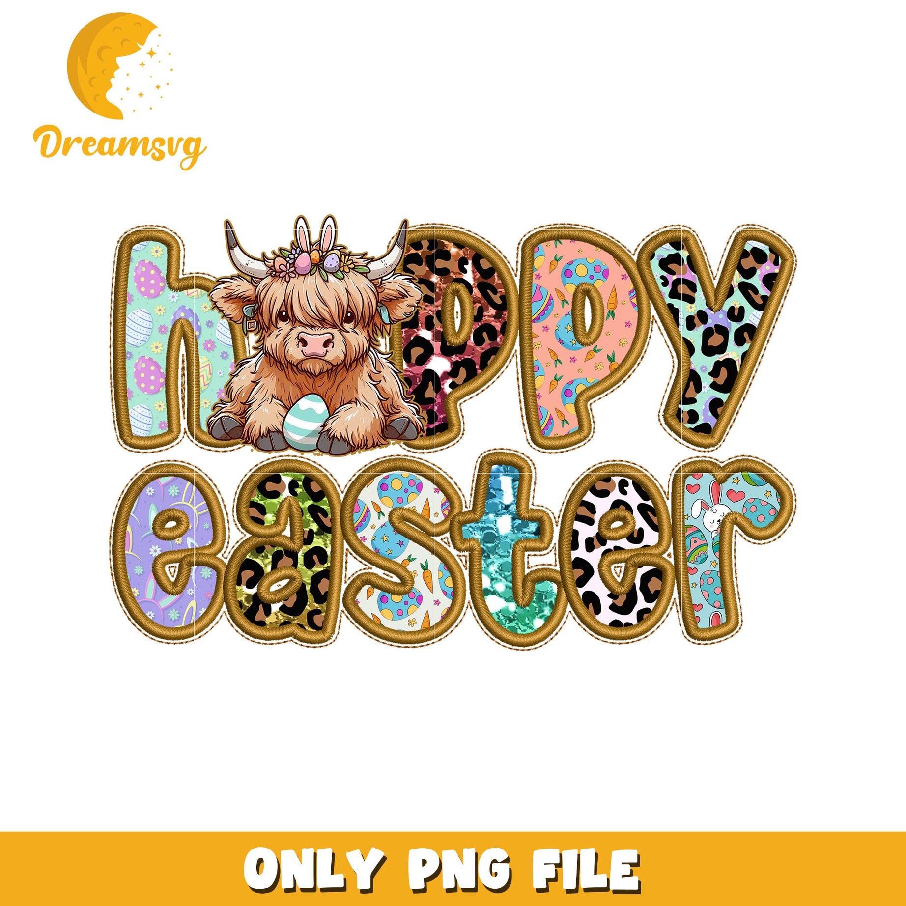 Happy Easter PNG File with Cute Highland Cow Design