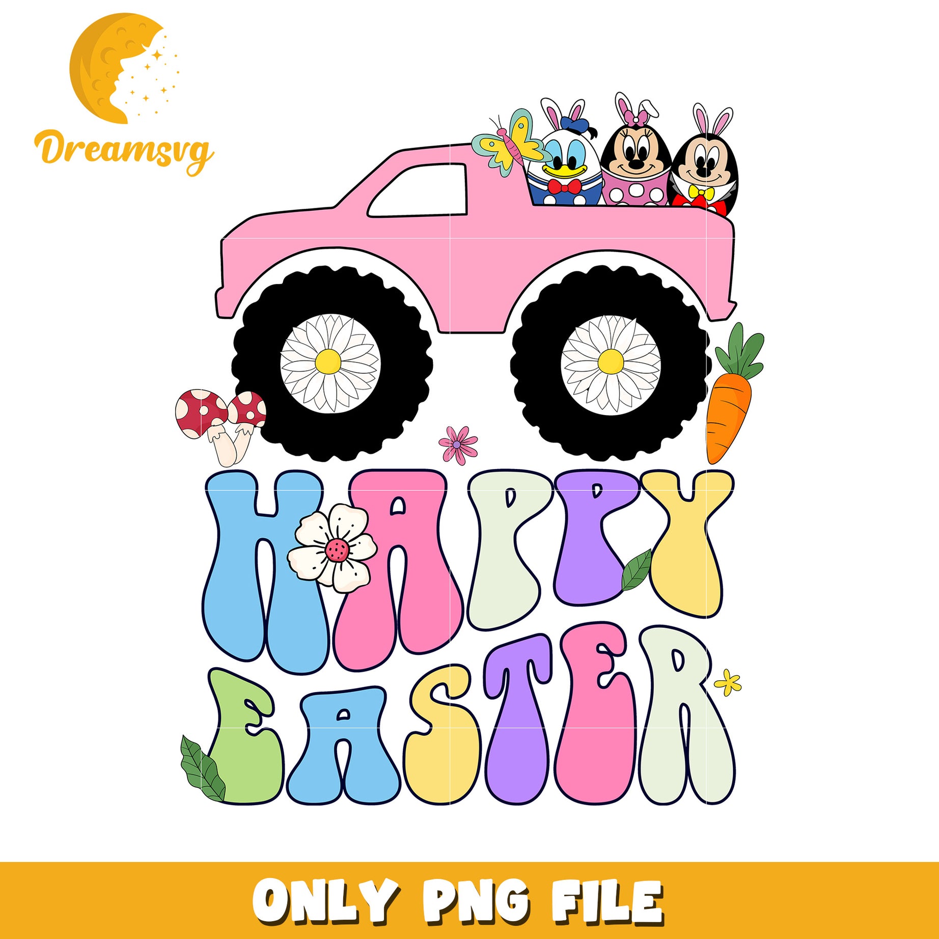 Happy Easter Pink Truck with Cute Characters PNG Art