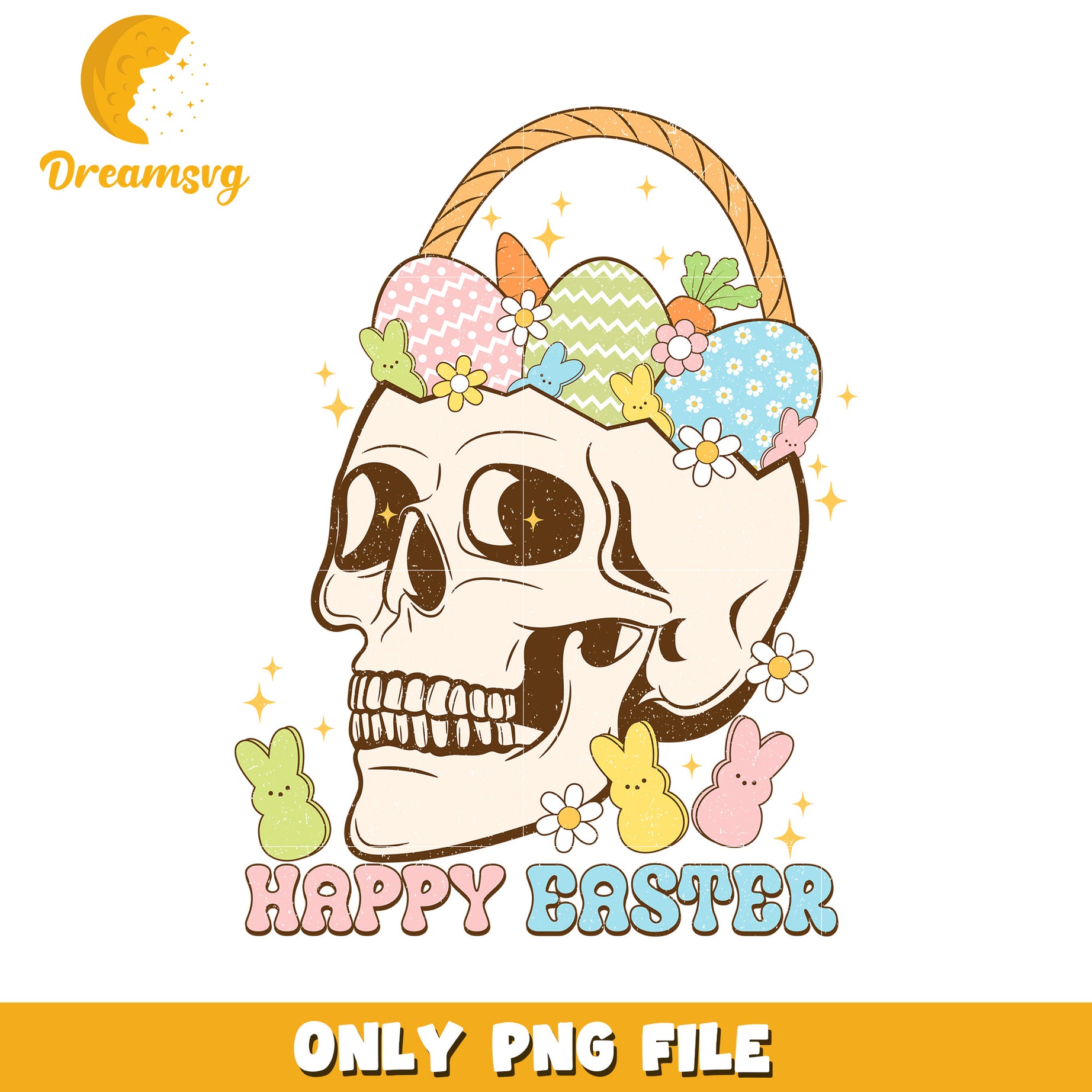 Happy Easter Skull Design with Colorful Egg Basket PNG