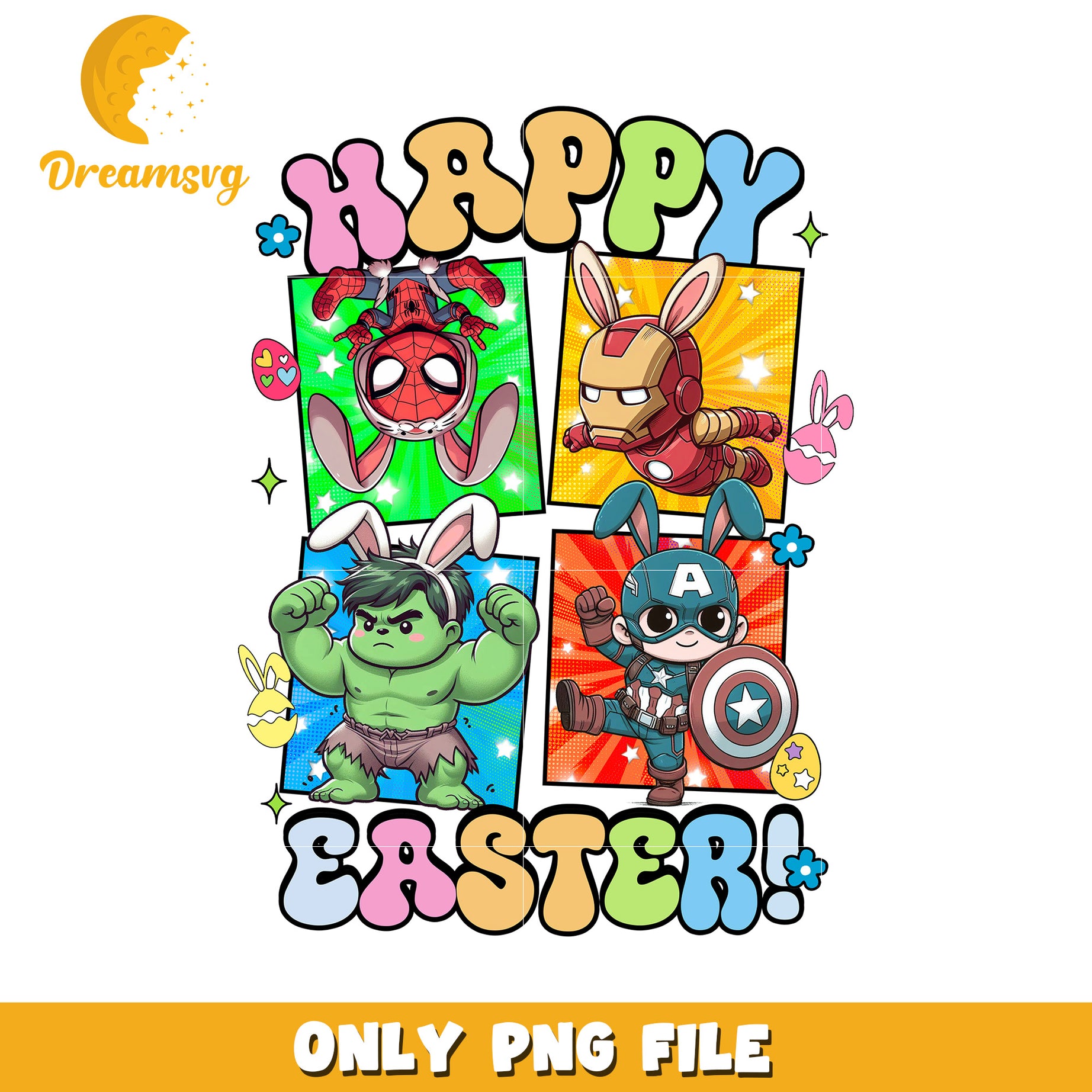 Happy Easter Theme PNG with Cute Superhero Characters