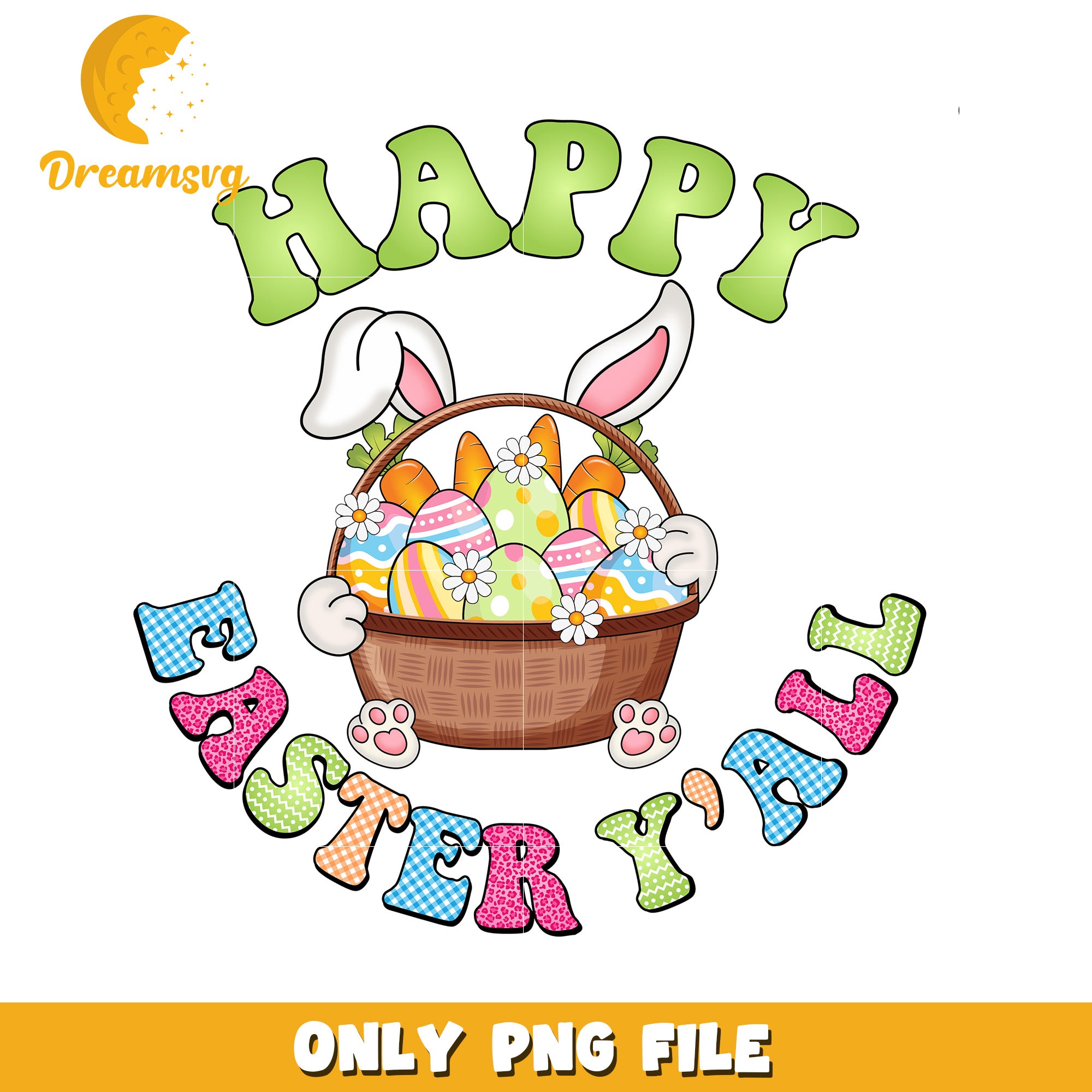 Happy Easter Yall Cute Bunny with Colorful Eggs PNG Image