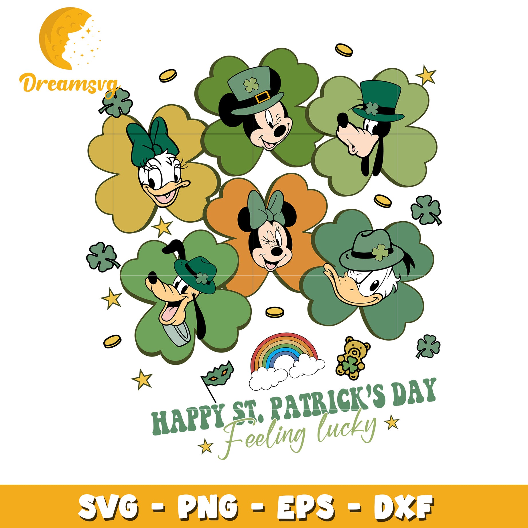 Happy St Patricks Day SVG Design with Disney Characters and Shamrocks