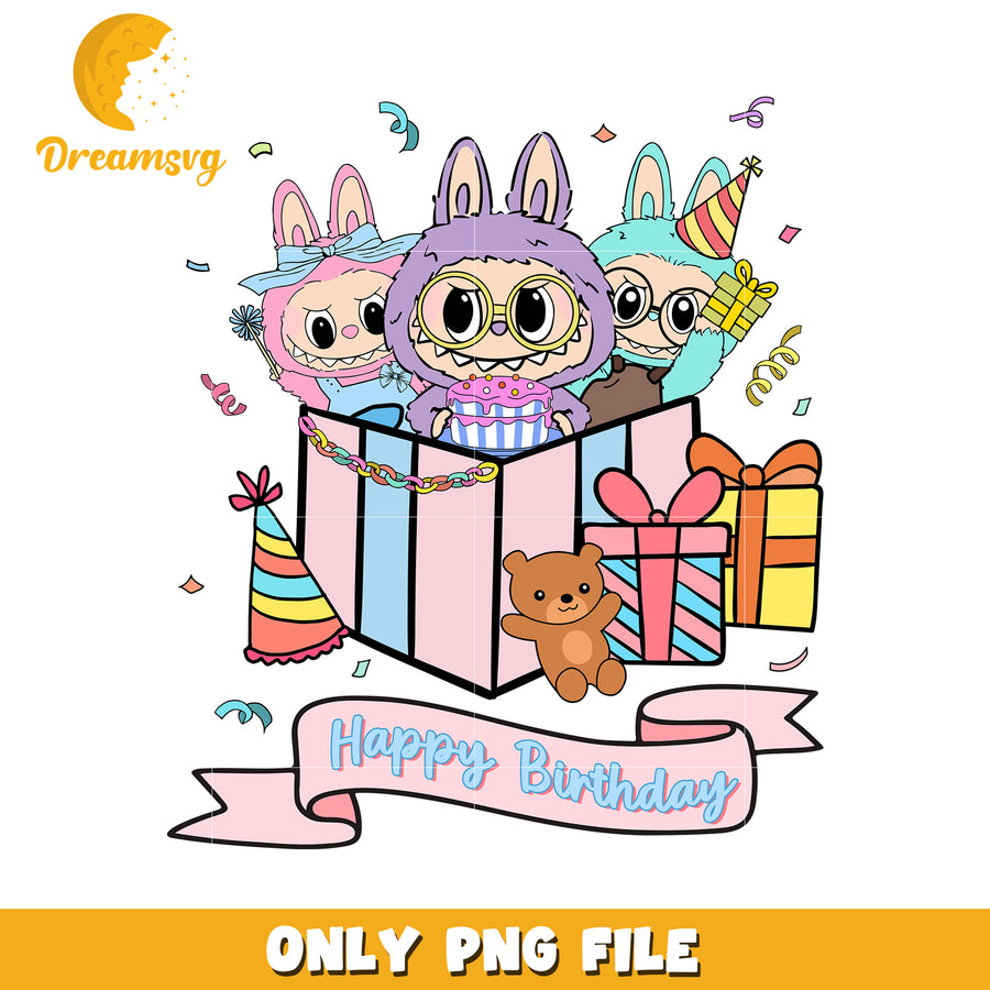 Happy birthday labubu design png, popmart usa png, labubu keychain​ png