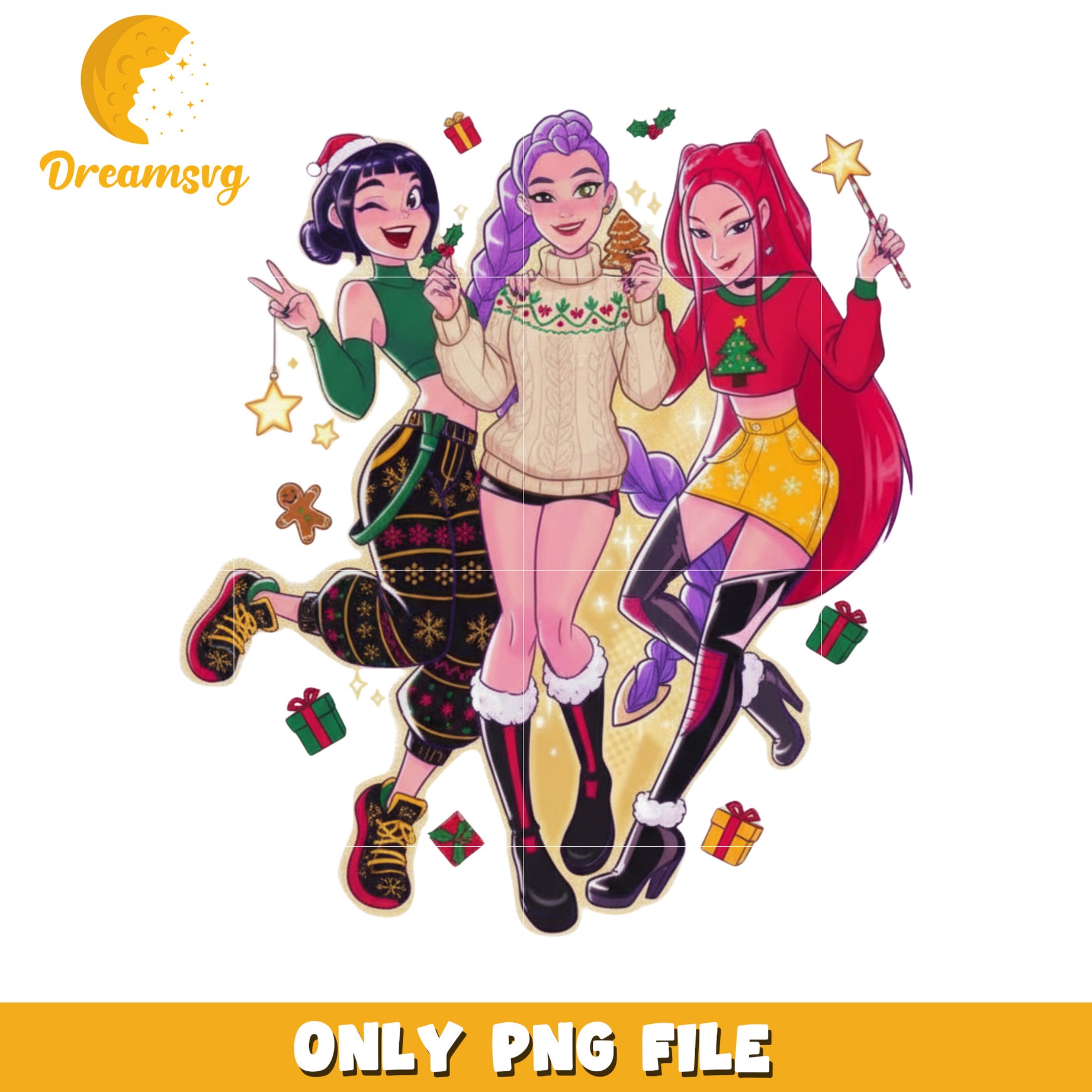 Happy huntrix girls png, kpop demon hunters​ png, christmas lights png