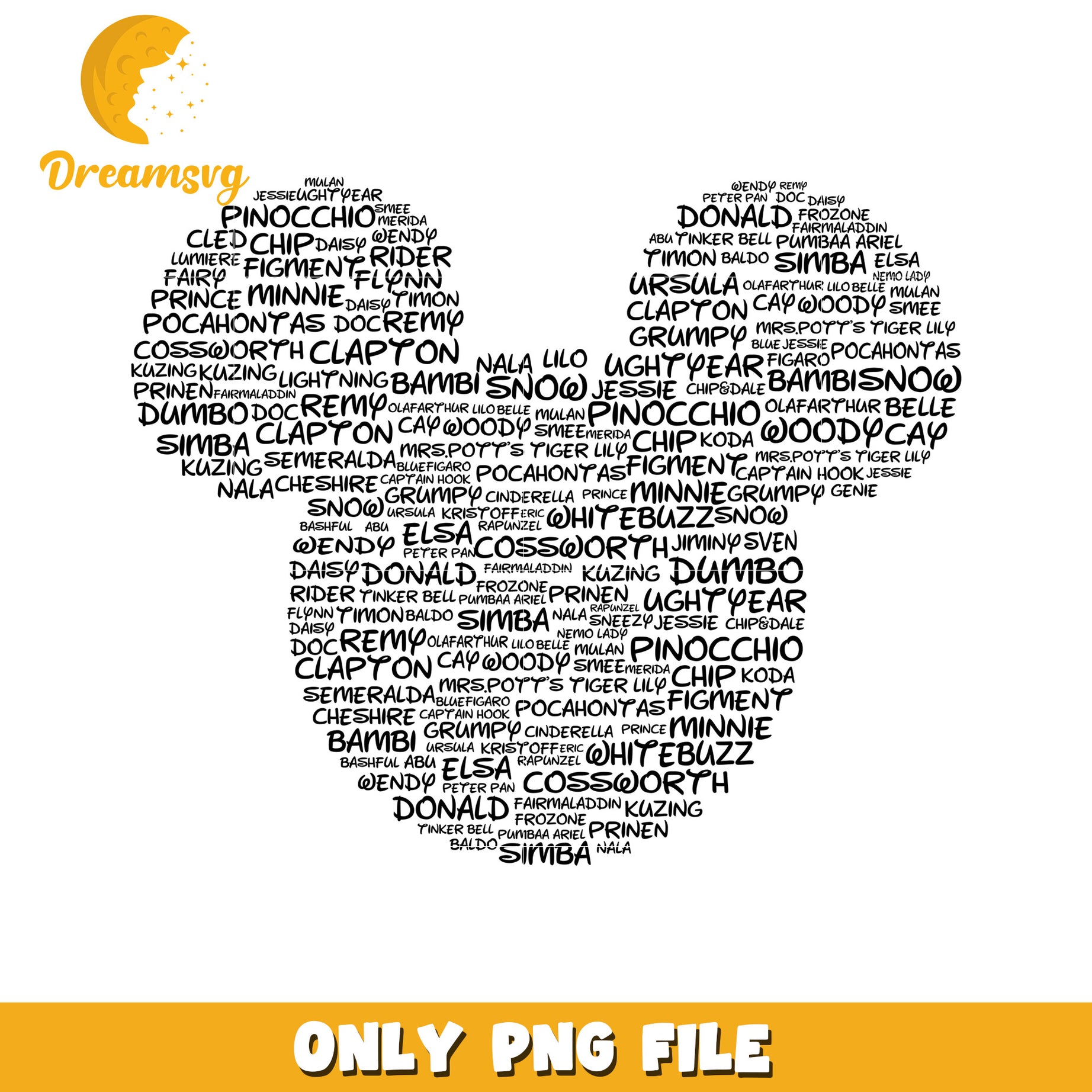 Heart-Shaped Word Art Featuring Disney Character Names PNG