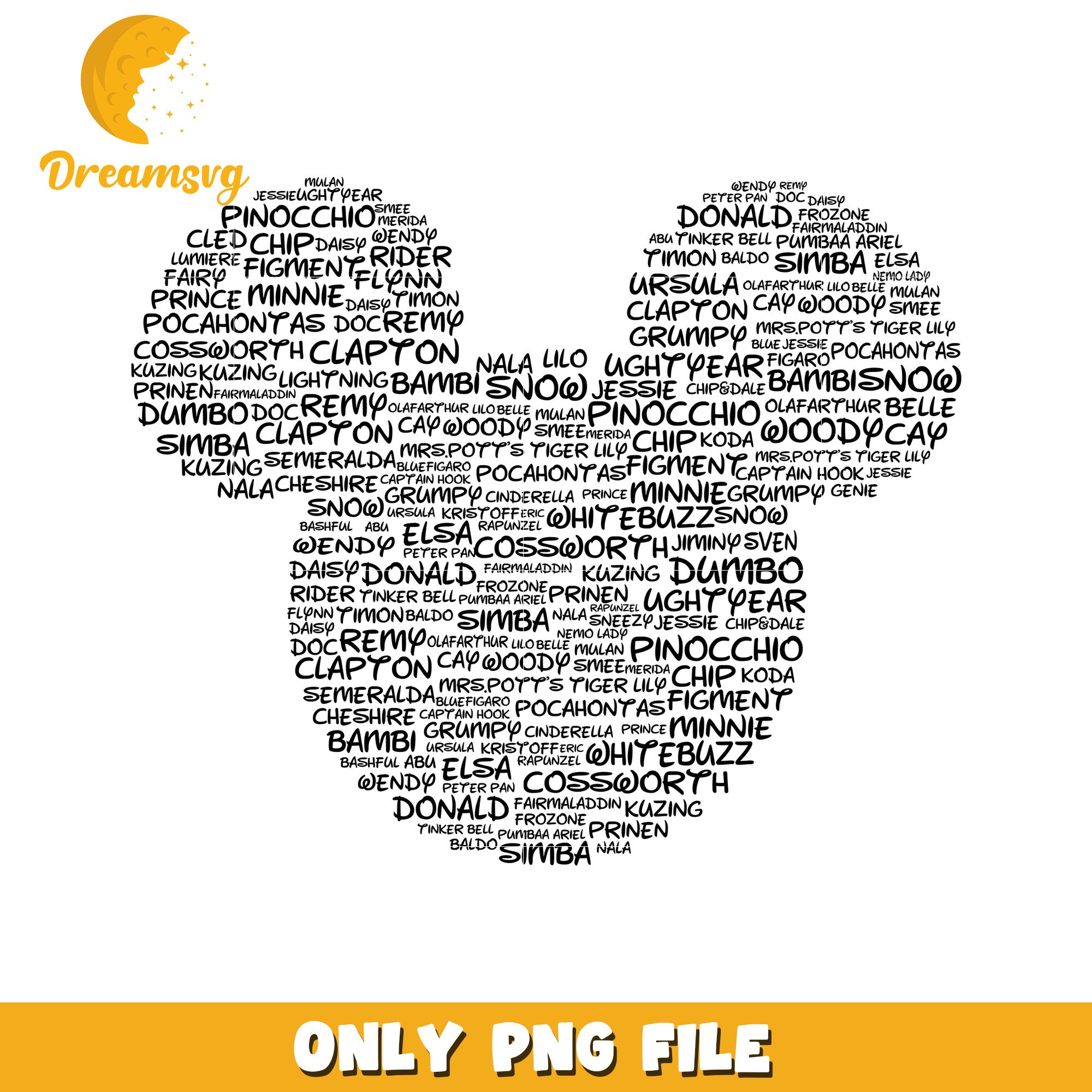 Heart-Shaped Word Art Featuring Disney Character Names PNG
