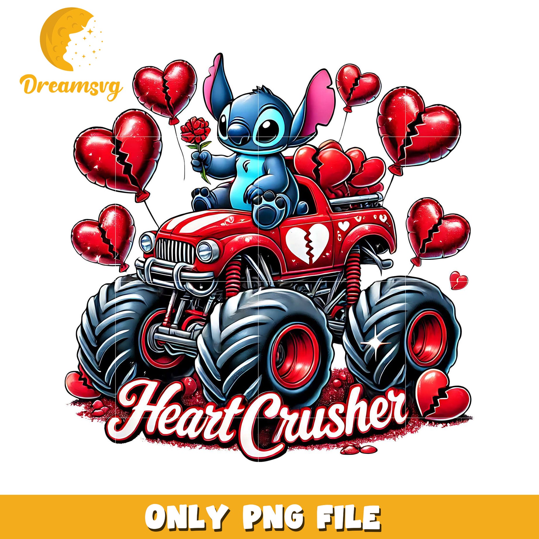 Heart Crusher Monster Truck PNG File with Cute Cartoon Design