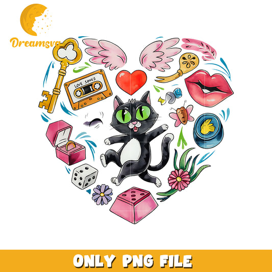 Heart valentine black cat doodle png, heart shape png, valentine png