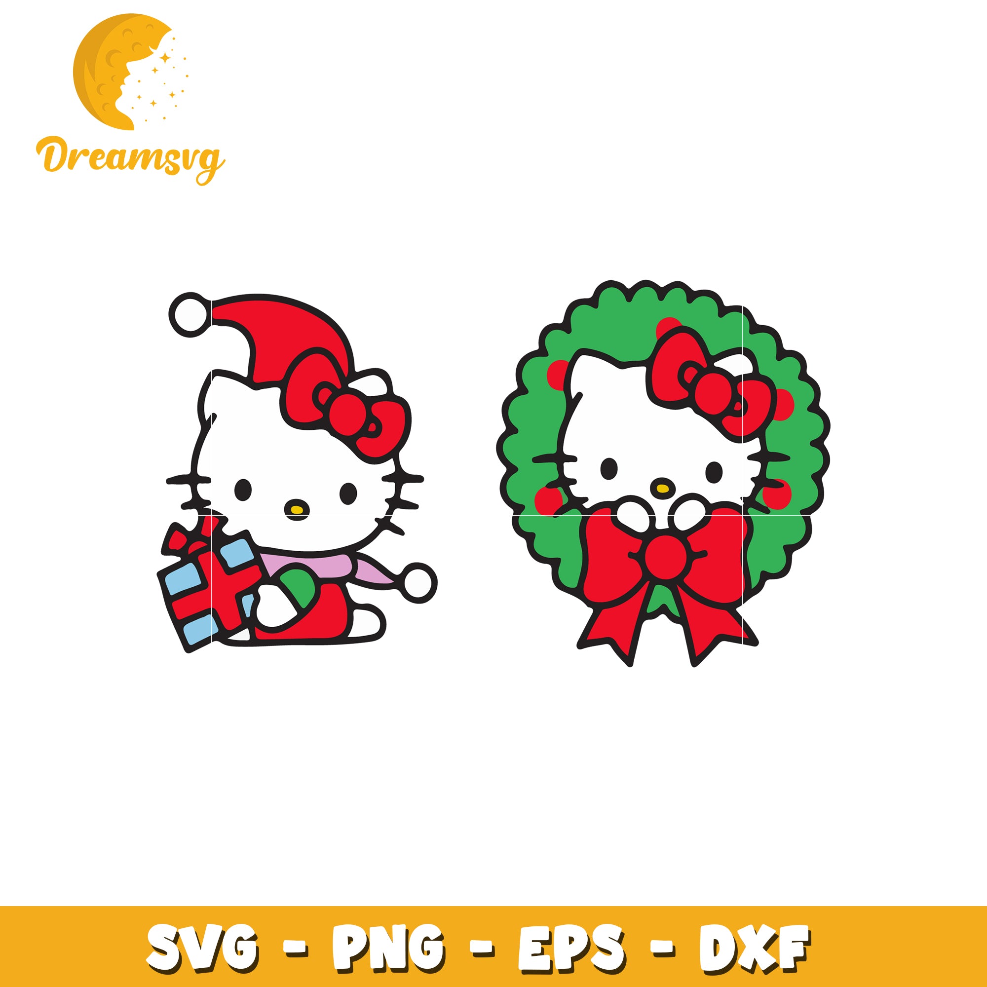 Hello Kitty Christmas SVG Clipart Gift and Wreath Design Files