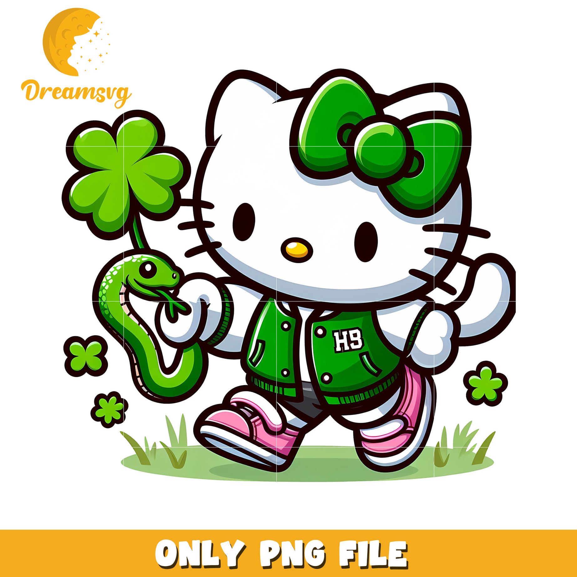 Hello Kitty Green Outfit with Snake and Shamrock PNG File