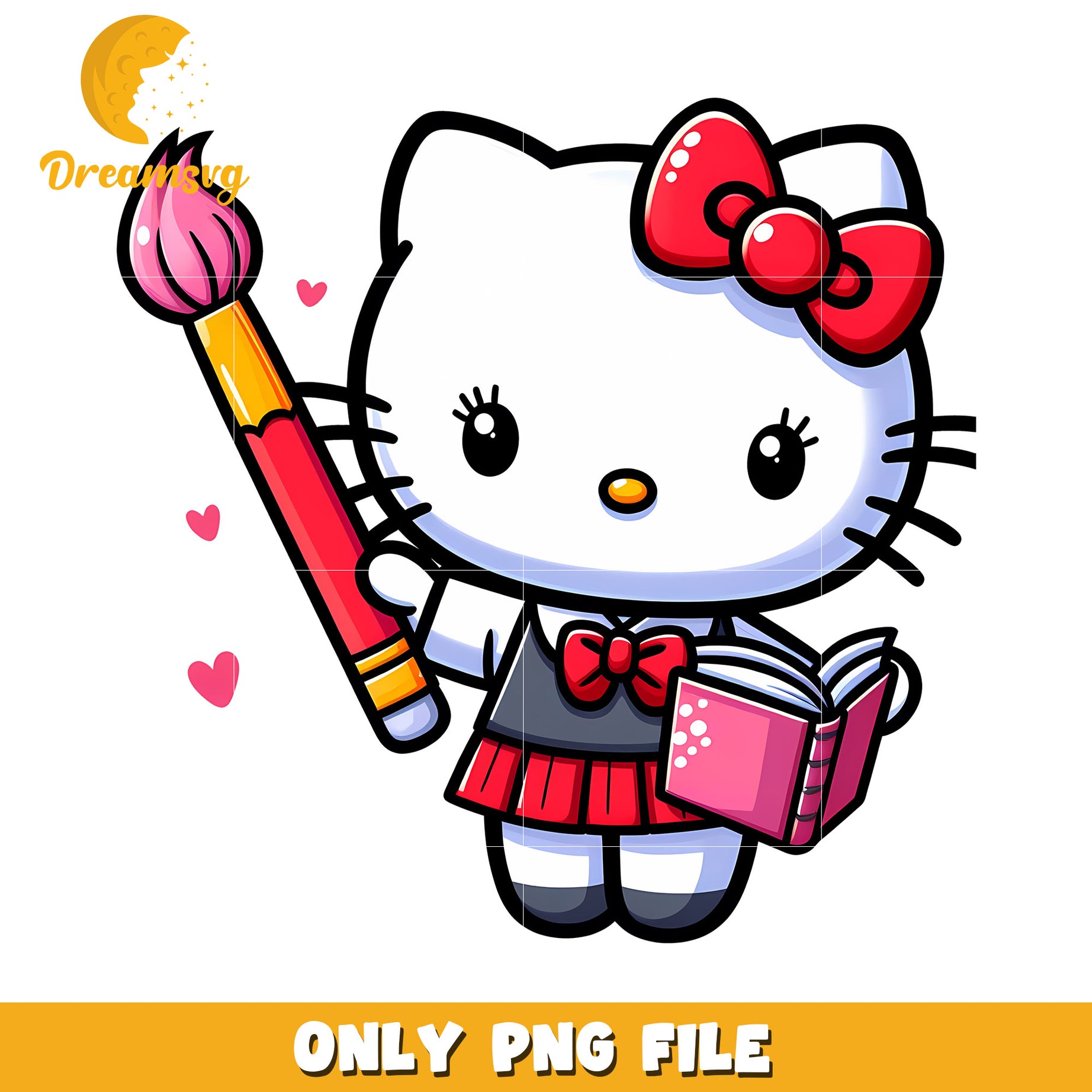 Hello Kitty PNG Student with Book and Paintbrush