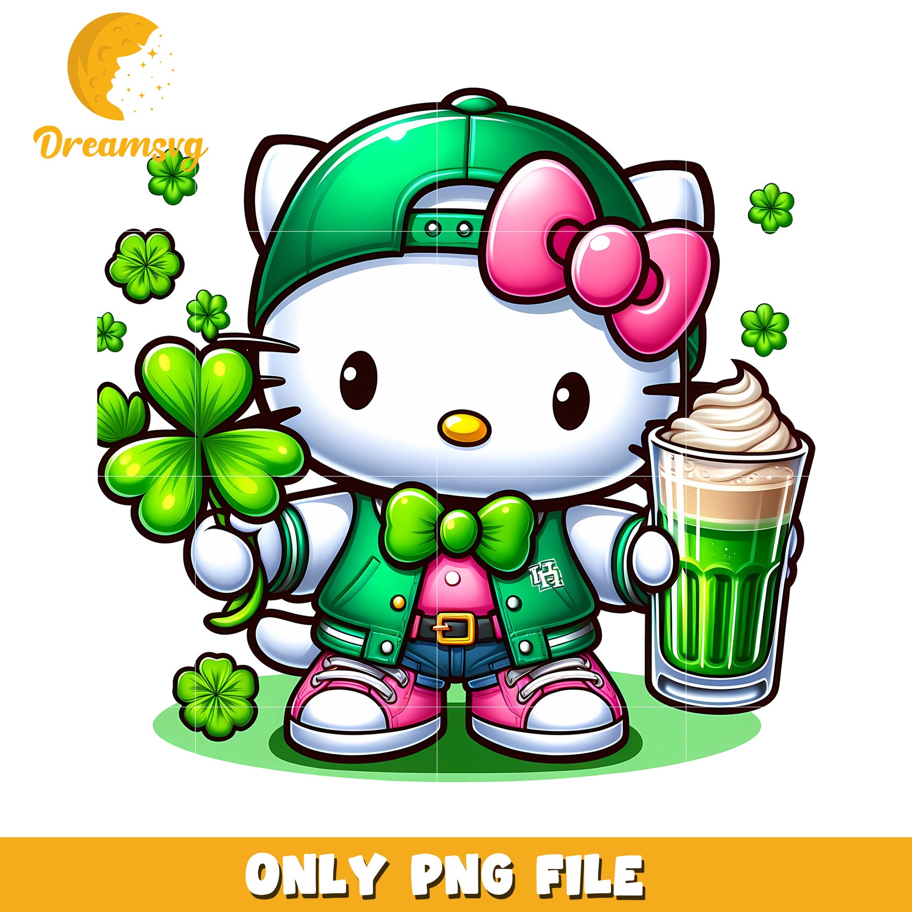 Hello Kitty St Patrick's Day PNG File with Shamrocks and Drink