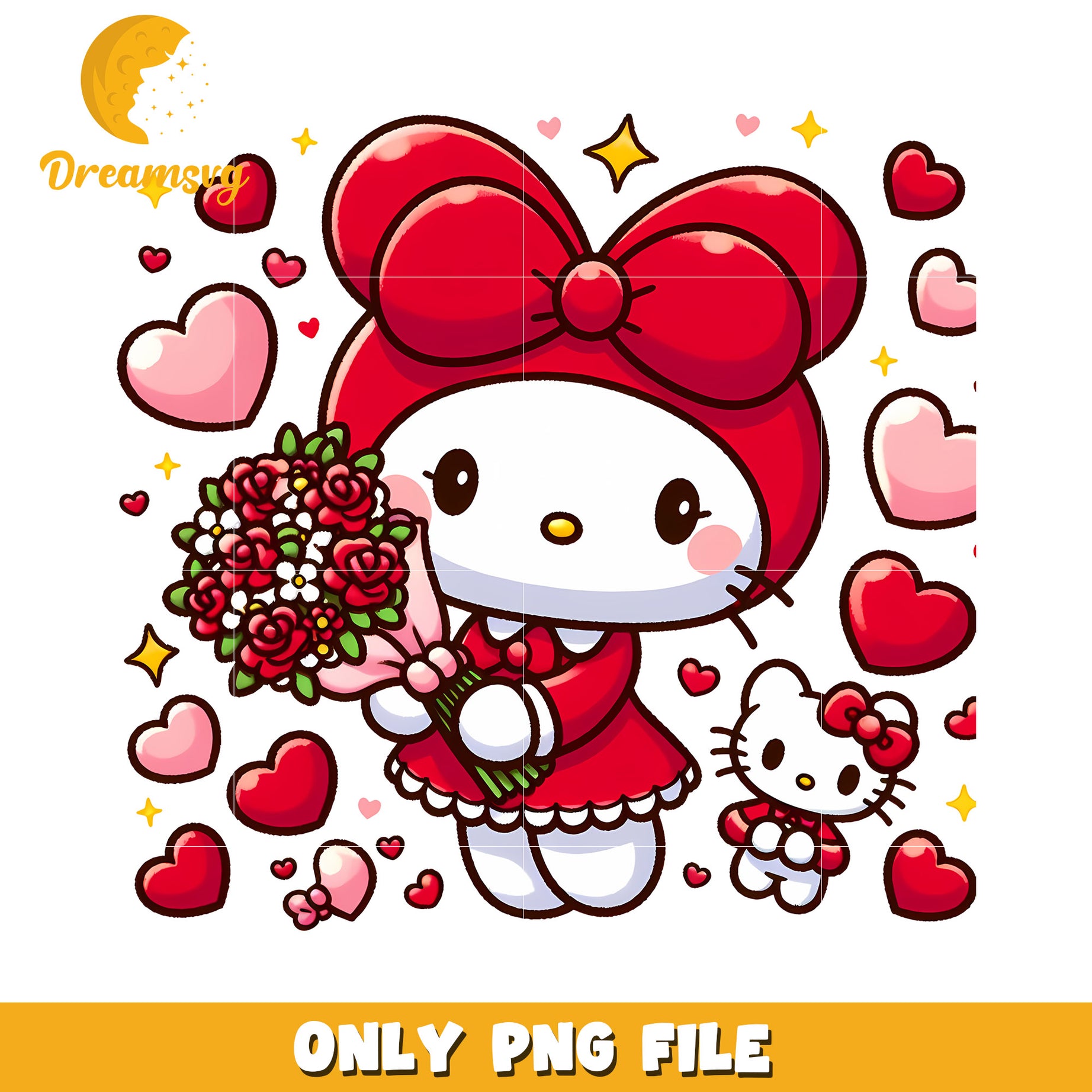 Hello Kitty Valentine PNG Red Dress & Flowers