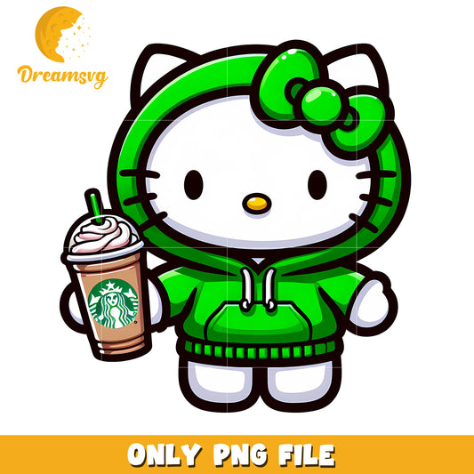 Hello Kitty in Green Hoodie with Coffee PNG File Download