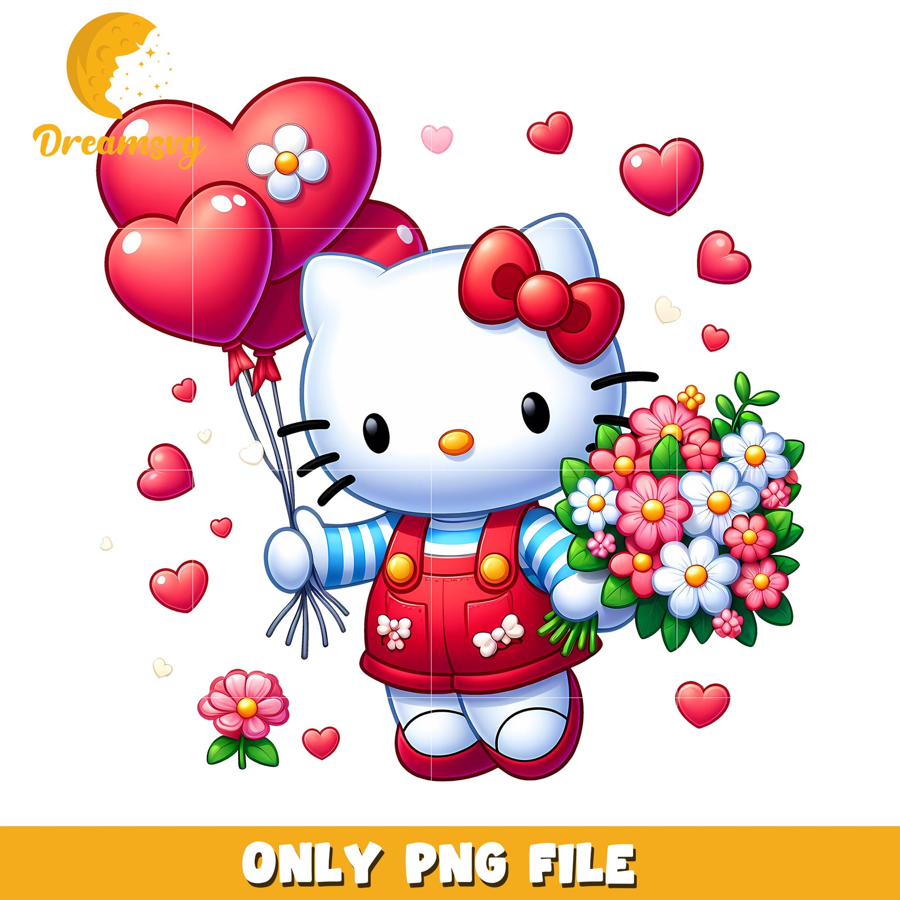 Hello Kitty with Balloons and Flowers PNG Cute Illustration