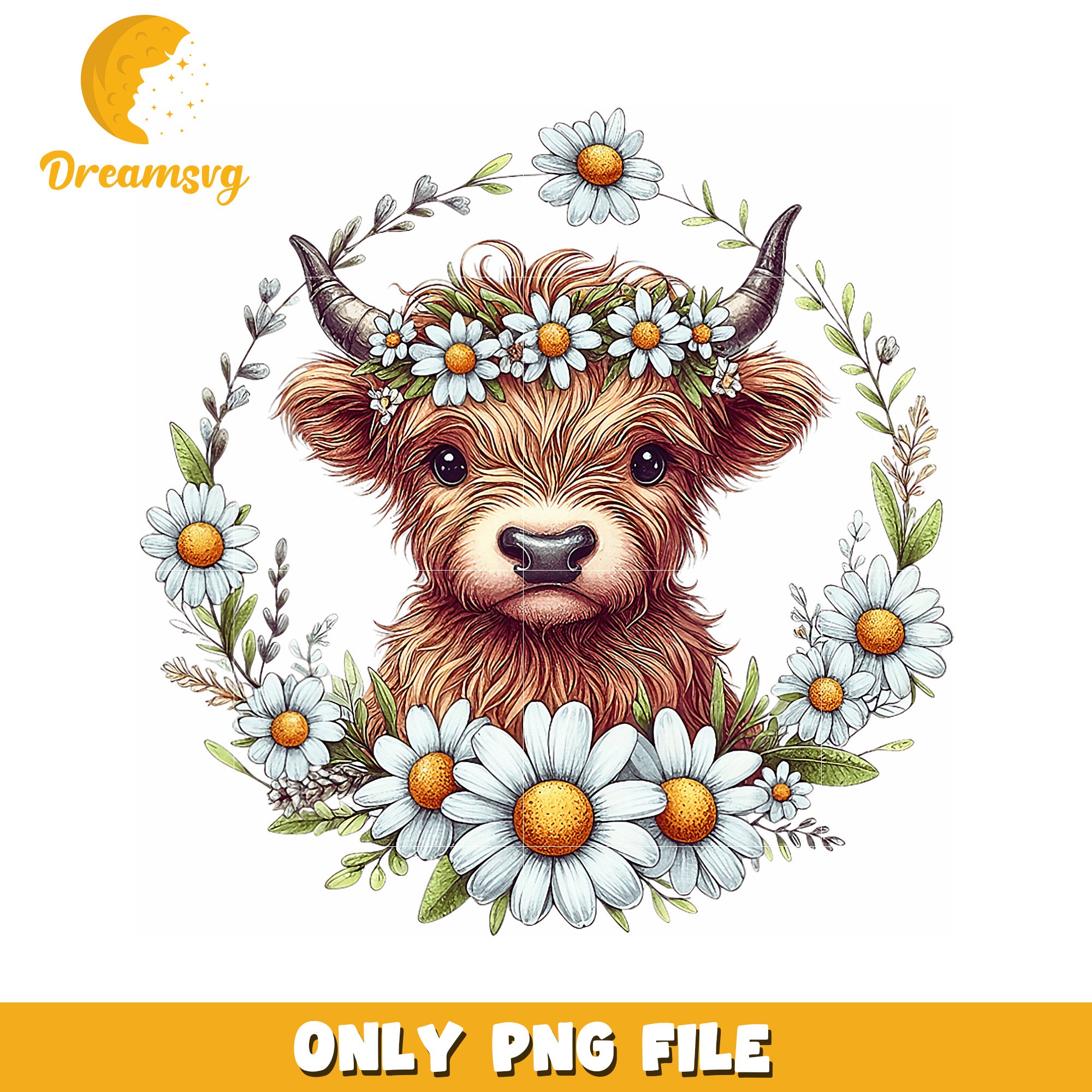 Highland Cow Daisy PNG Floral Wreath