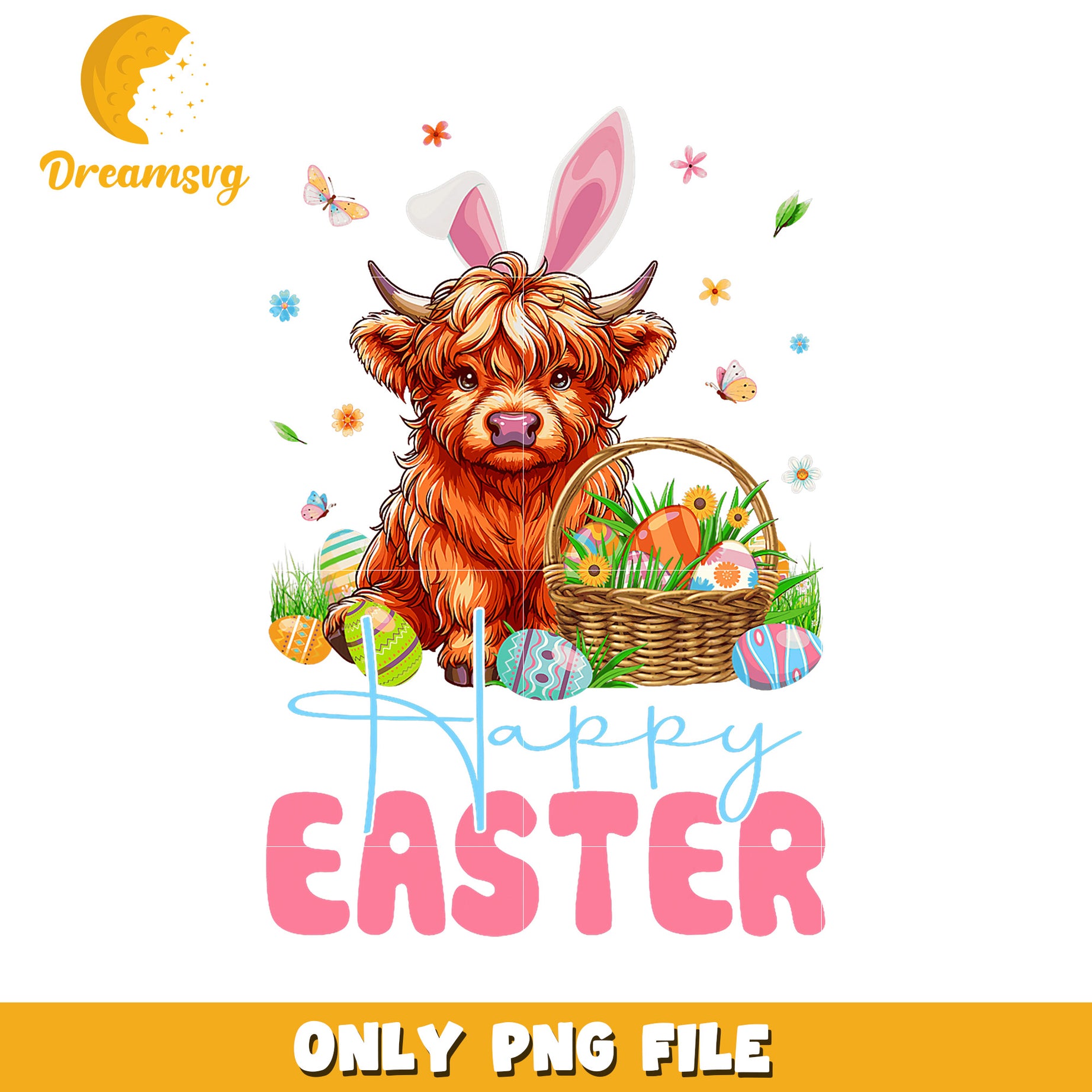 Highland Cow Easter PNG Happy Easter Design