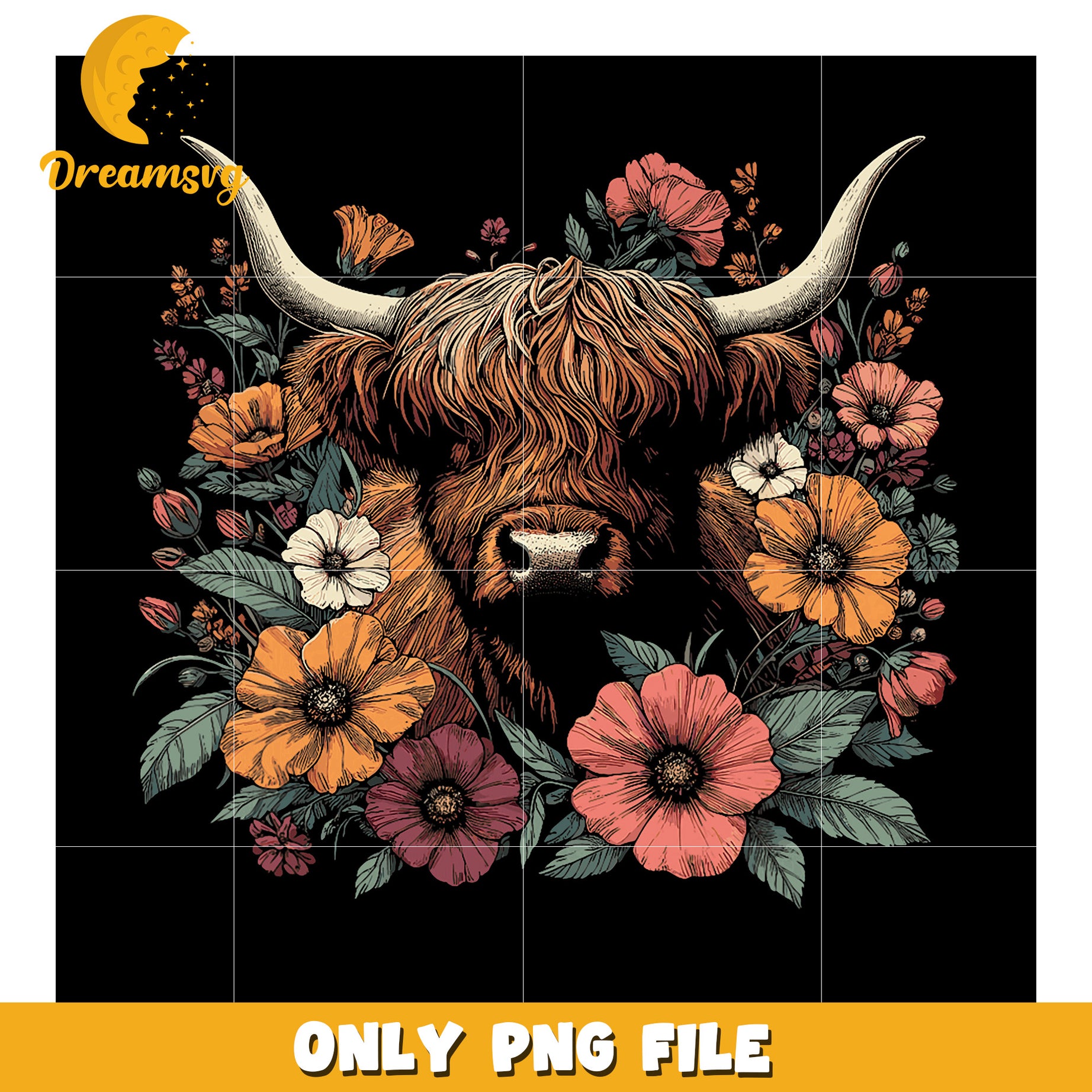 Highland Cow Floral PNG Design