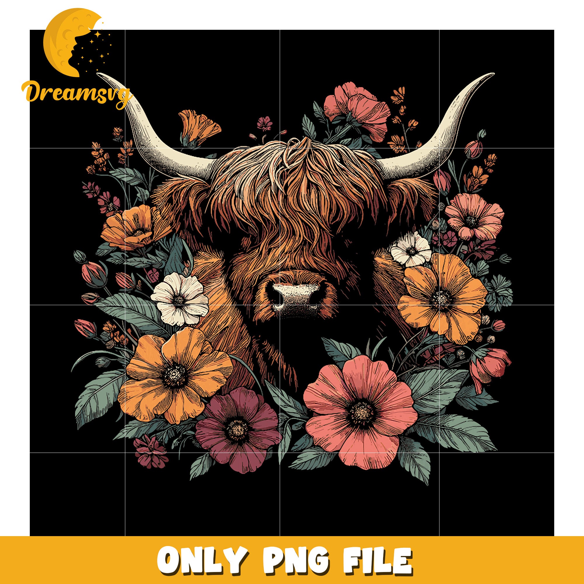 Highland Cow Floral PNG Design