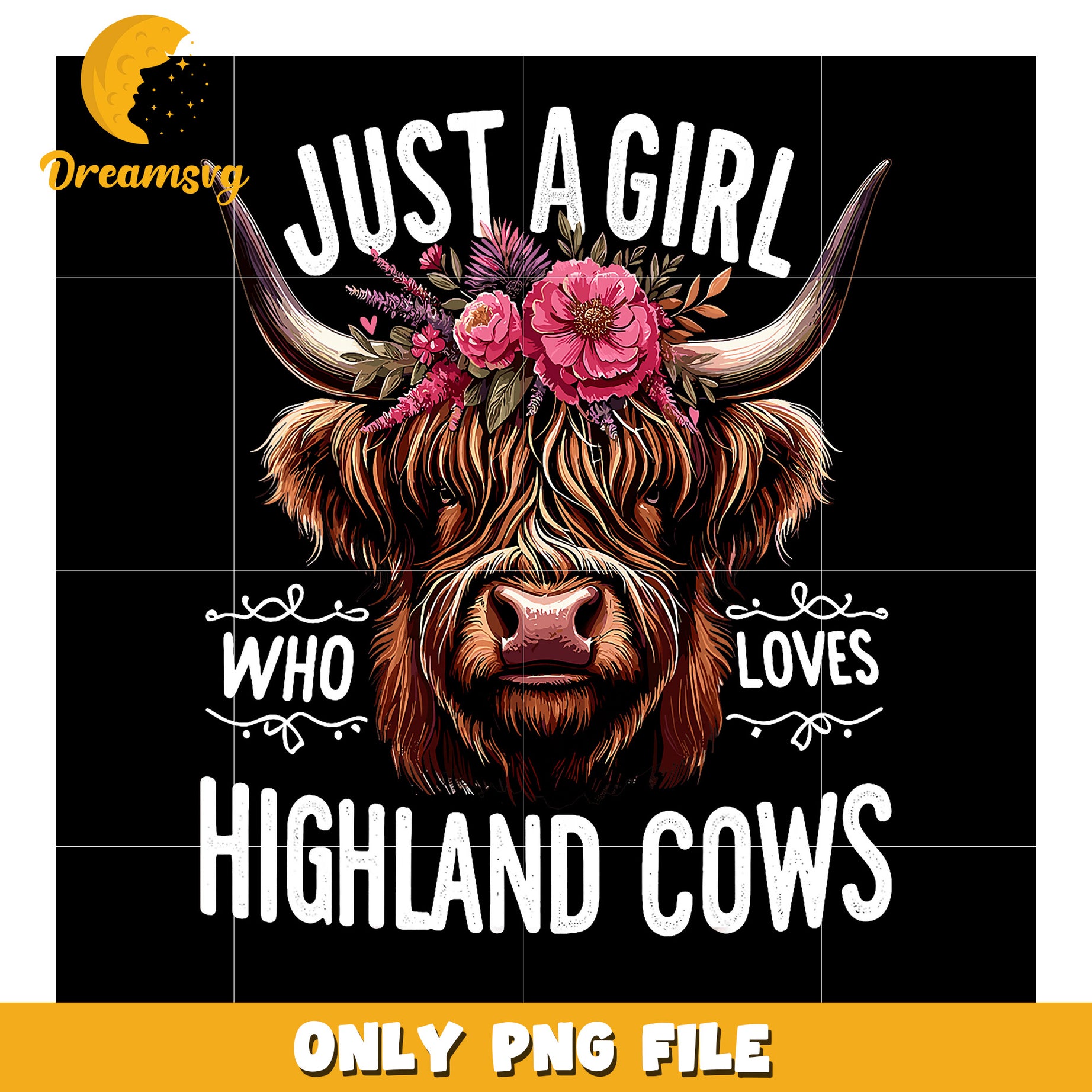 Highland Cow Girl PNG Floral Cow Design