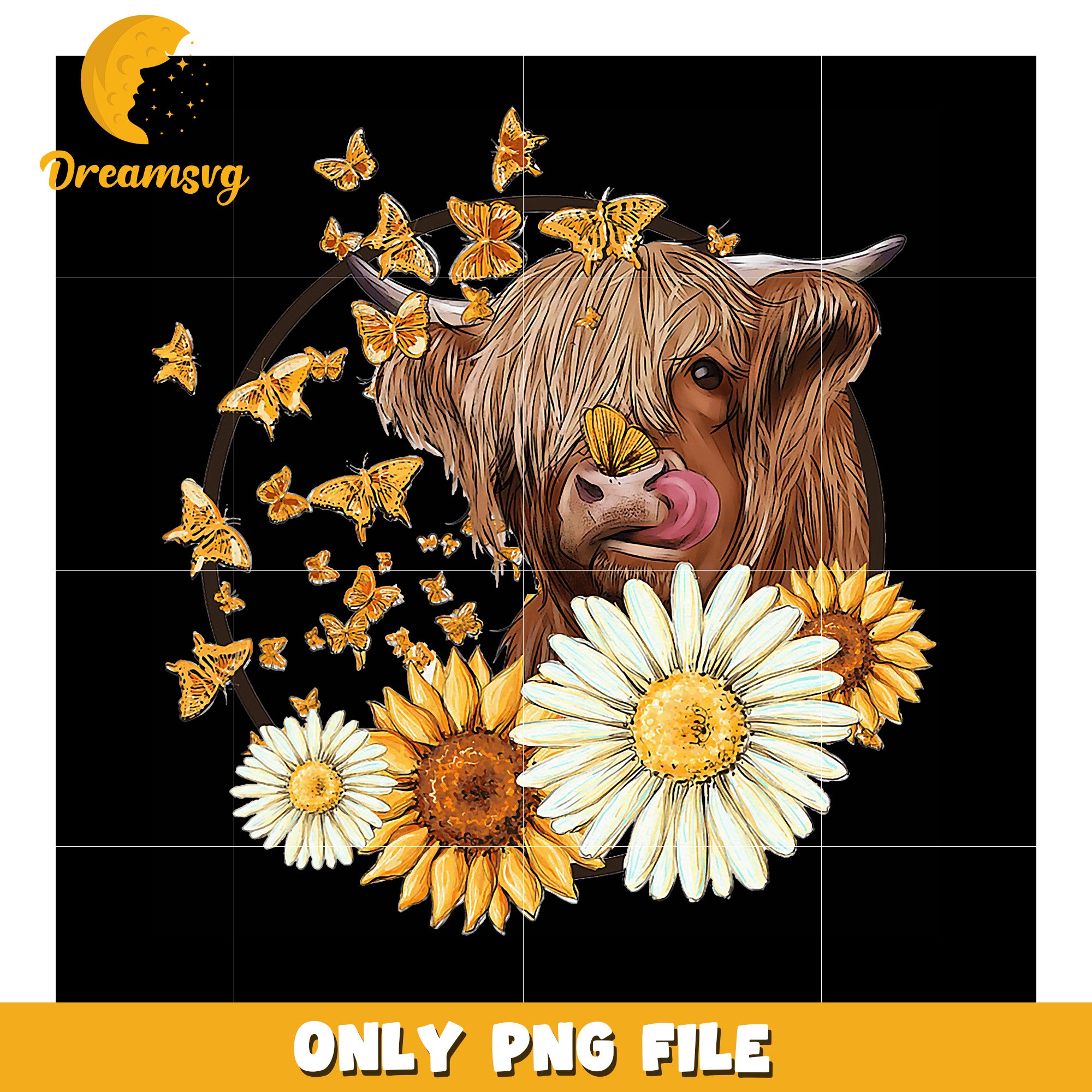 Highland Cow PNG Butterflies & Flowers
