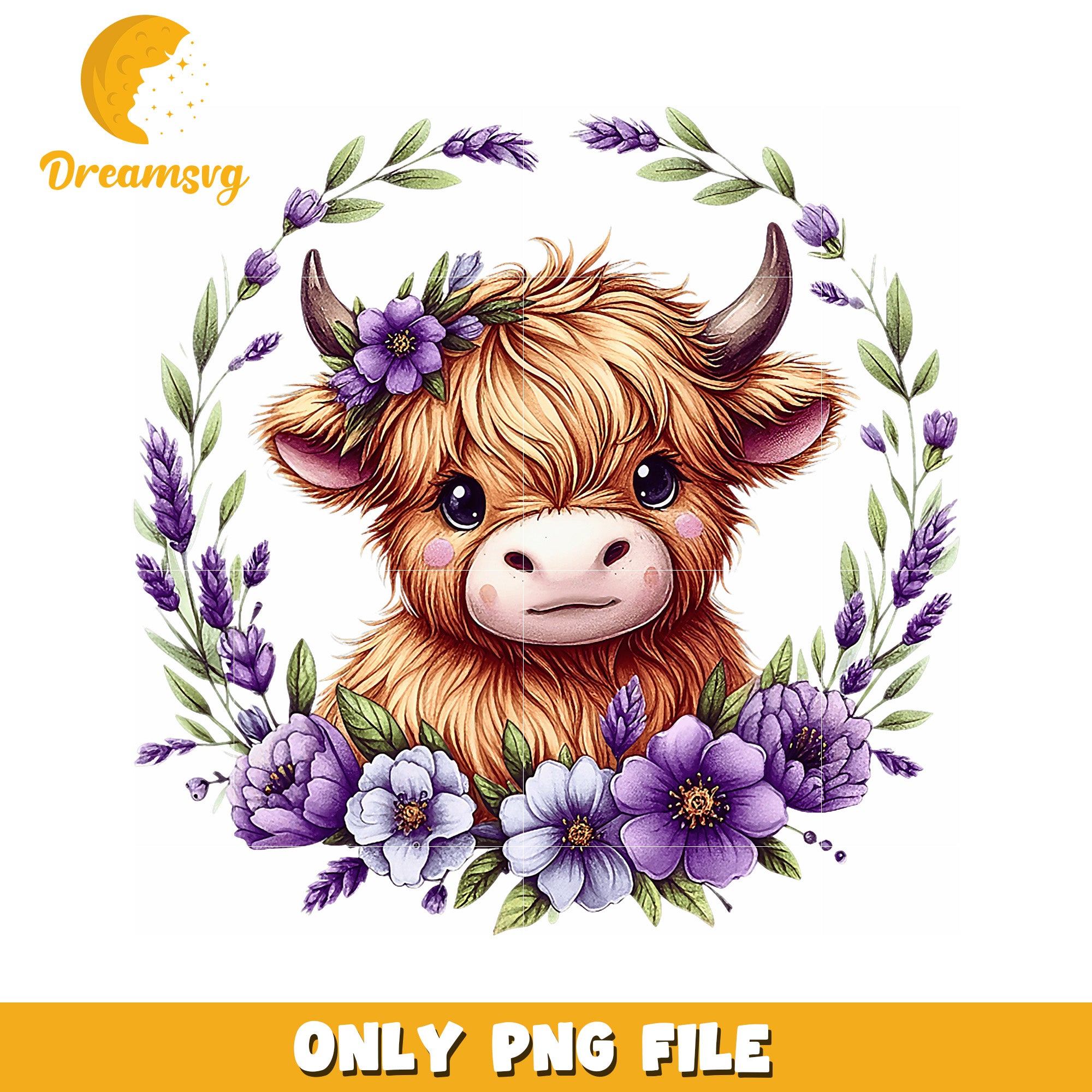 Highland Cow PNG Cute Floral Wreath Design