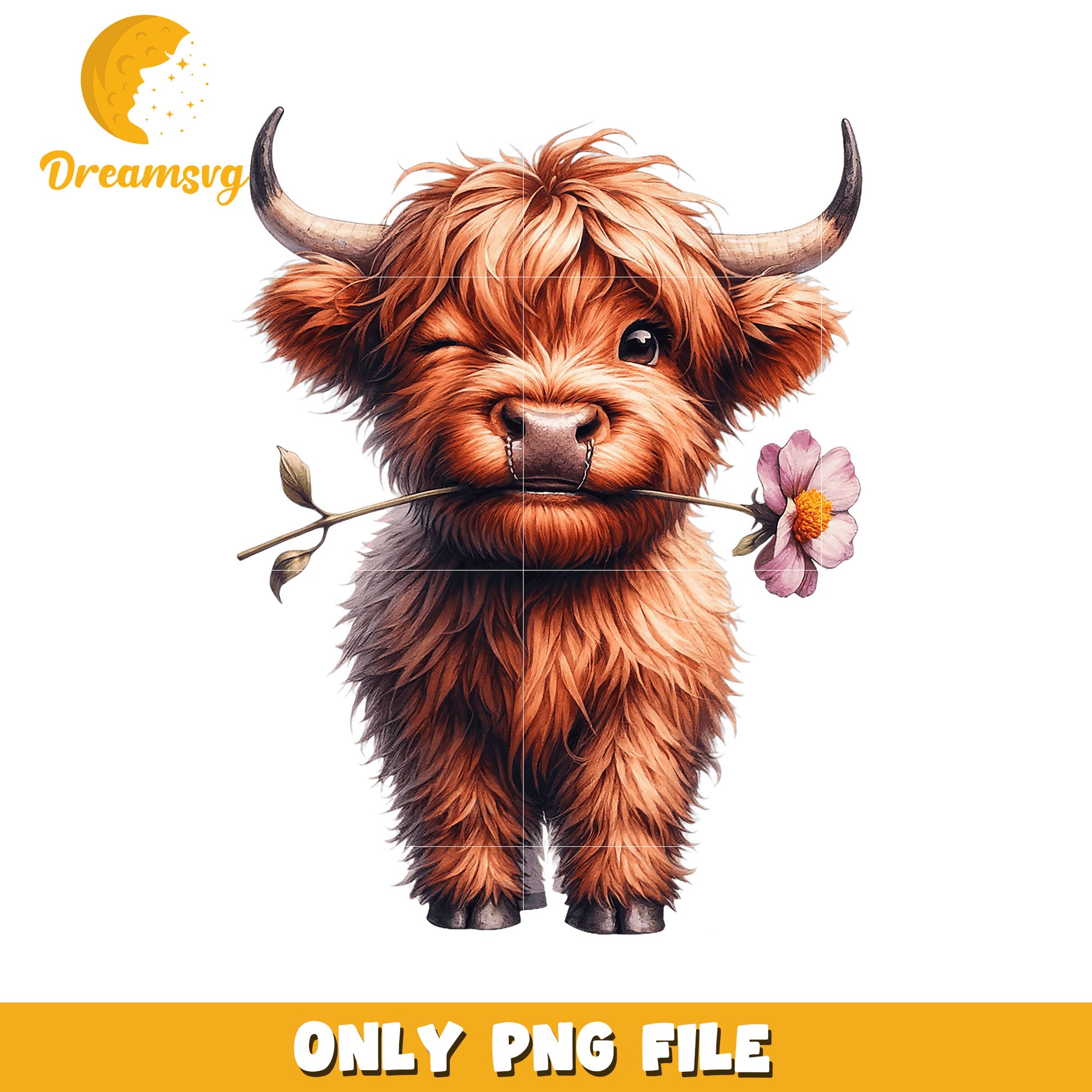 Highland Cow PNG Cute Winking Calf with Flower