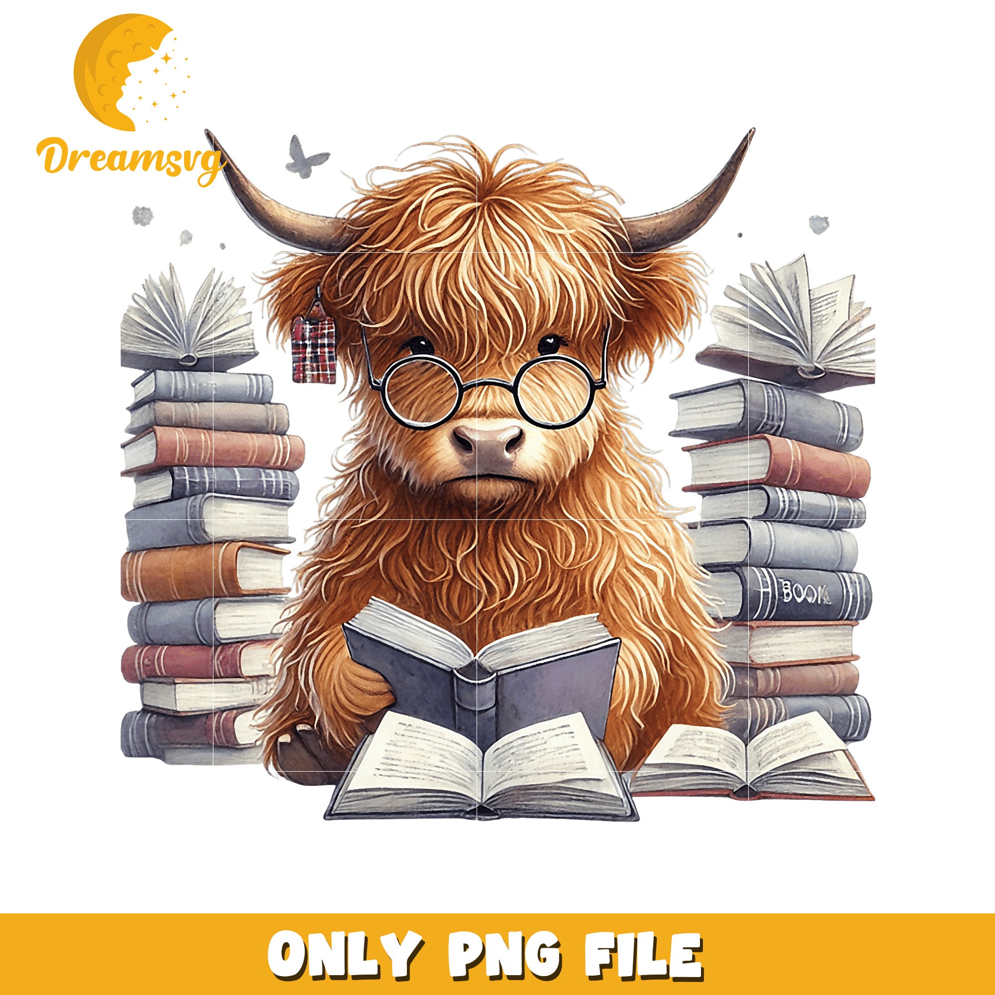 Highland Cow Reading PNG Sublimation