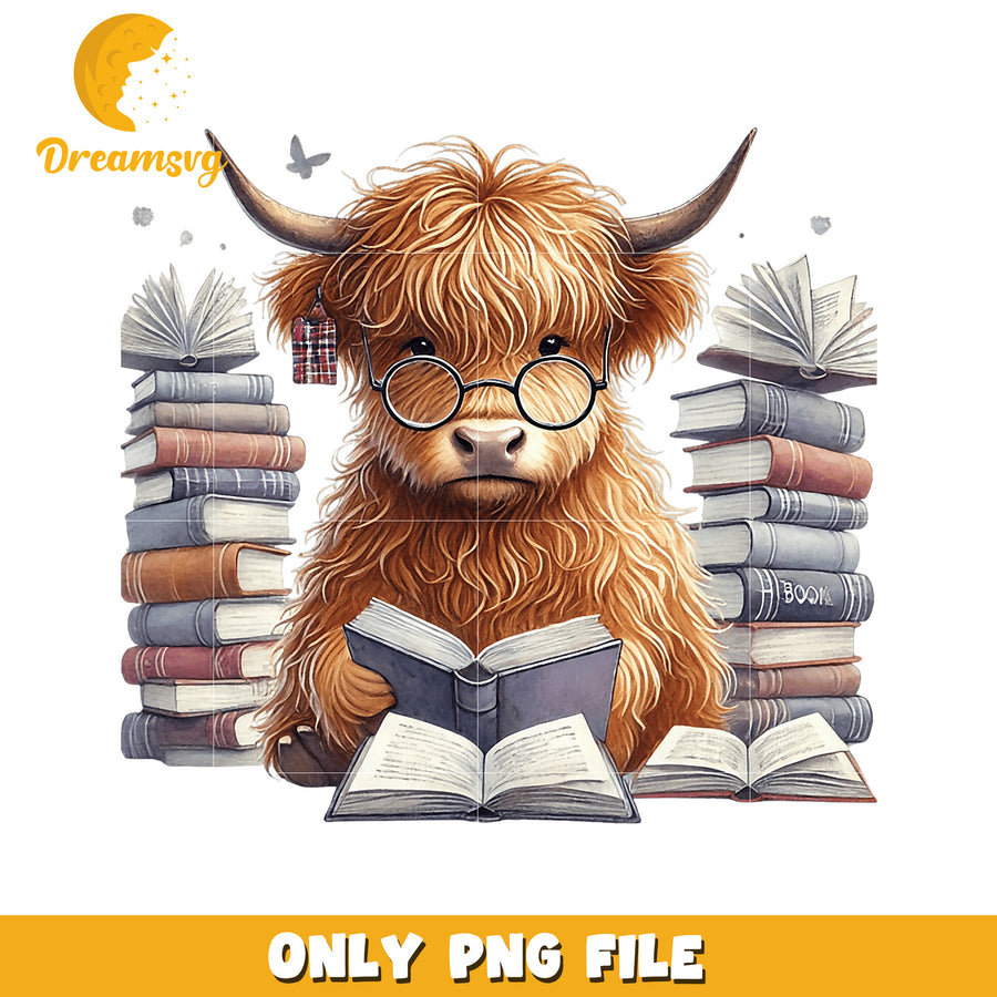 Highland Cow Reading PNG Sublimation