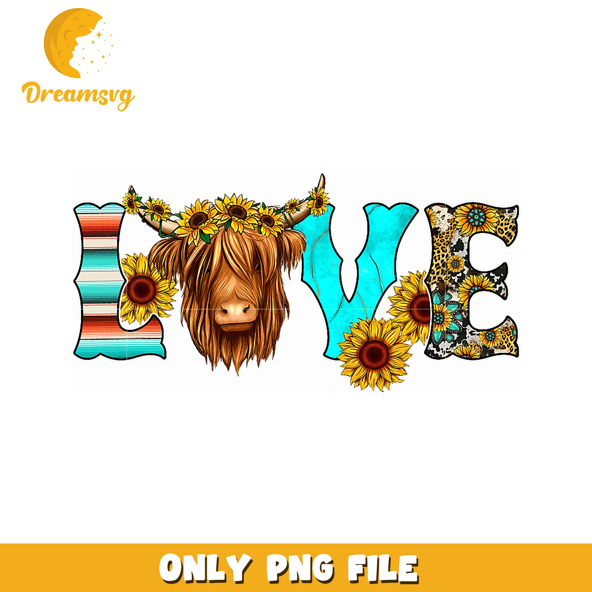 Highland Cow Sunflower Love PNG Design