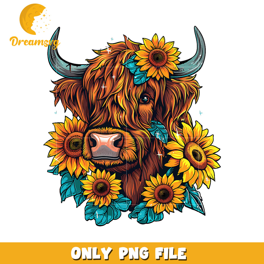Highland Cow Sunflower PNG Design