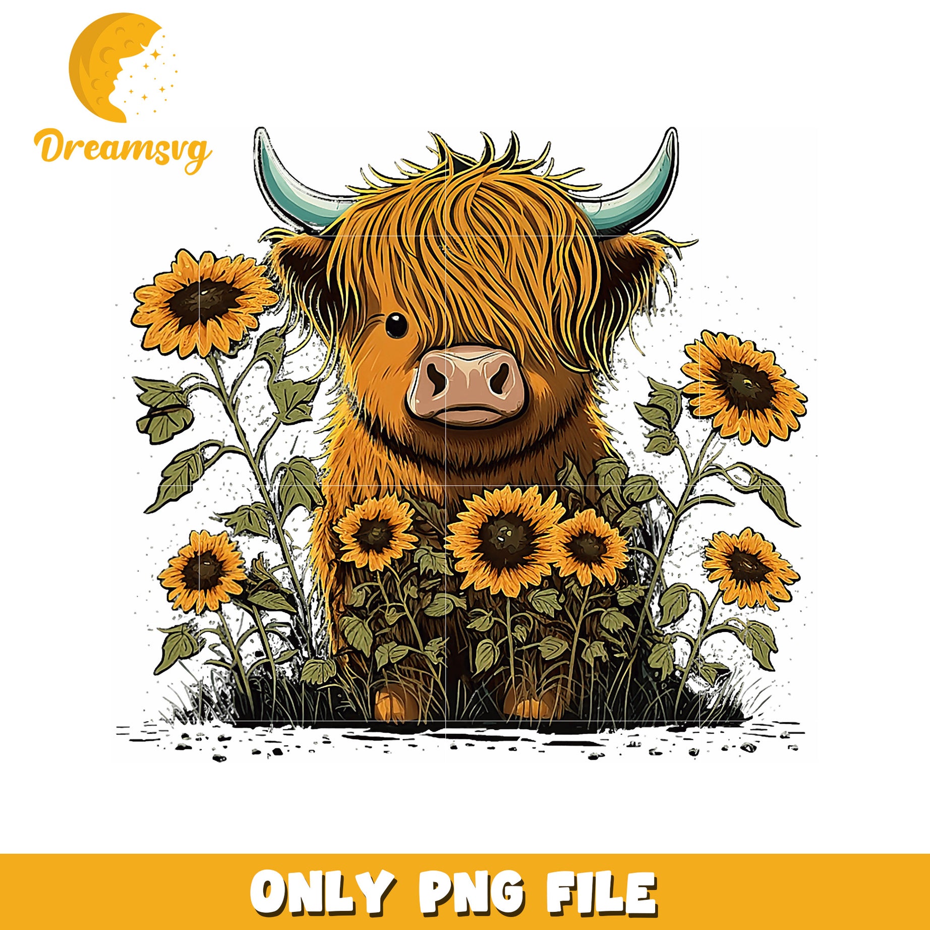 Highland Cow Sunflower PNG Sublimation Design