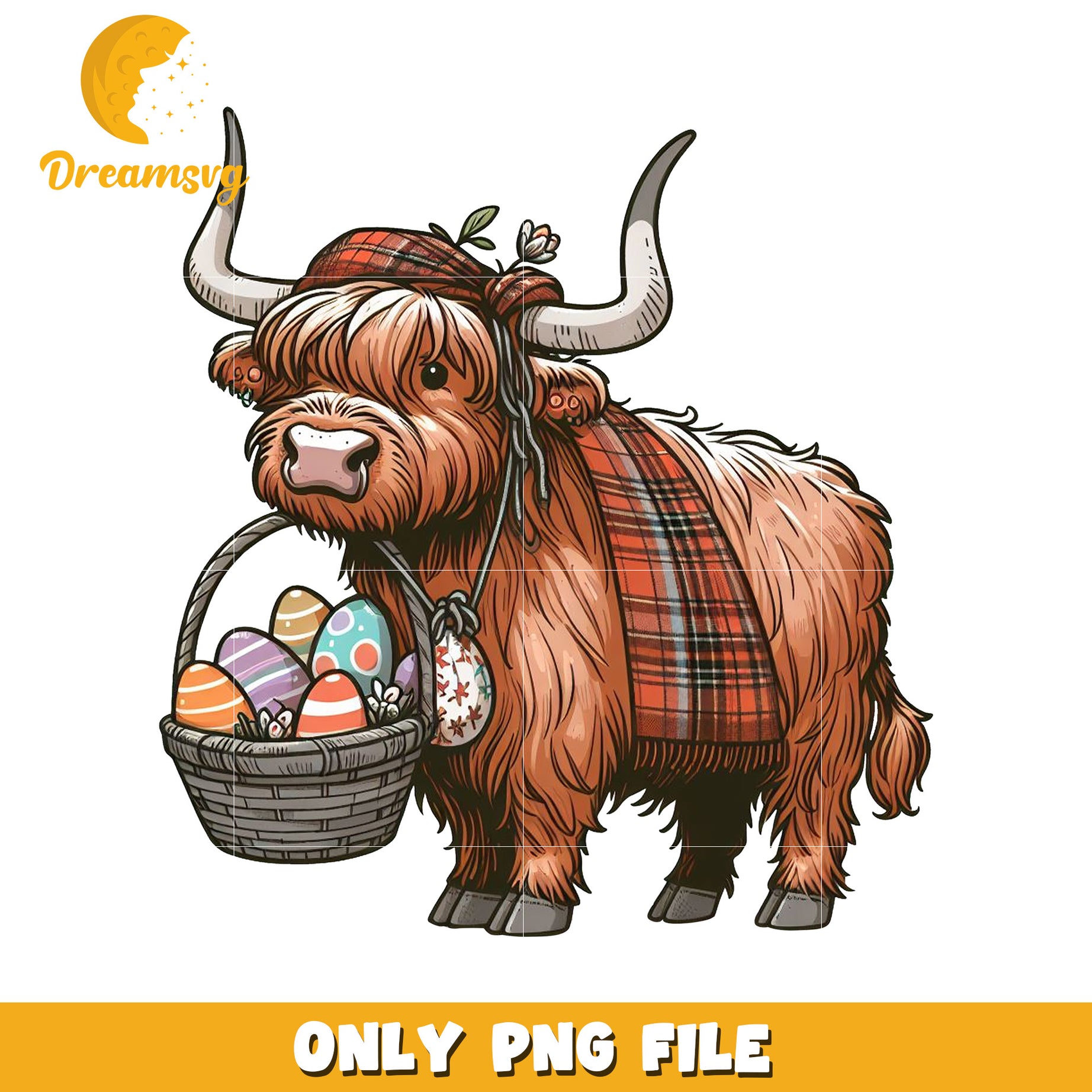 Highland Cow with Easter Eggs PNG Clipart Downloadable Art