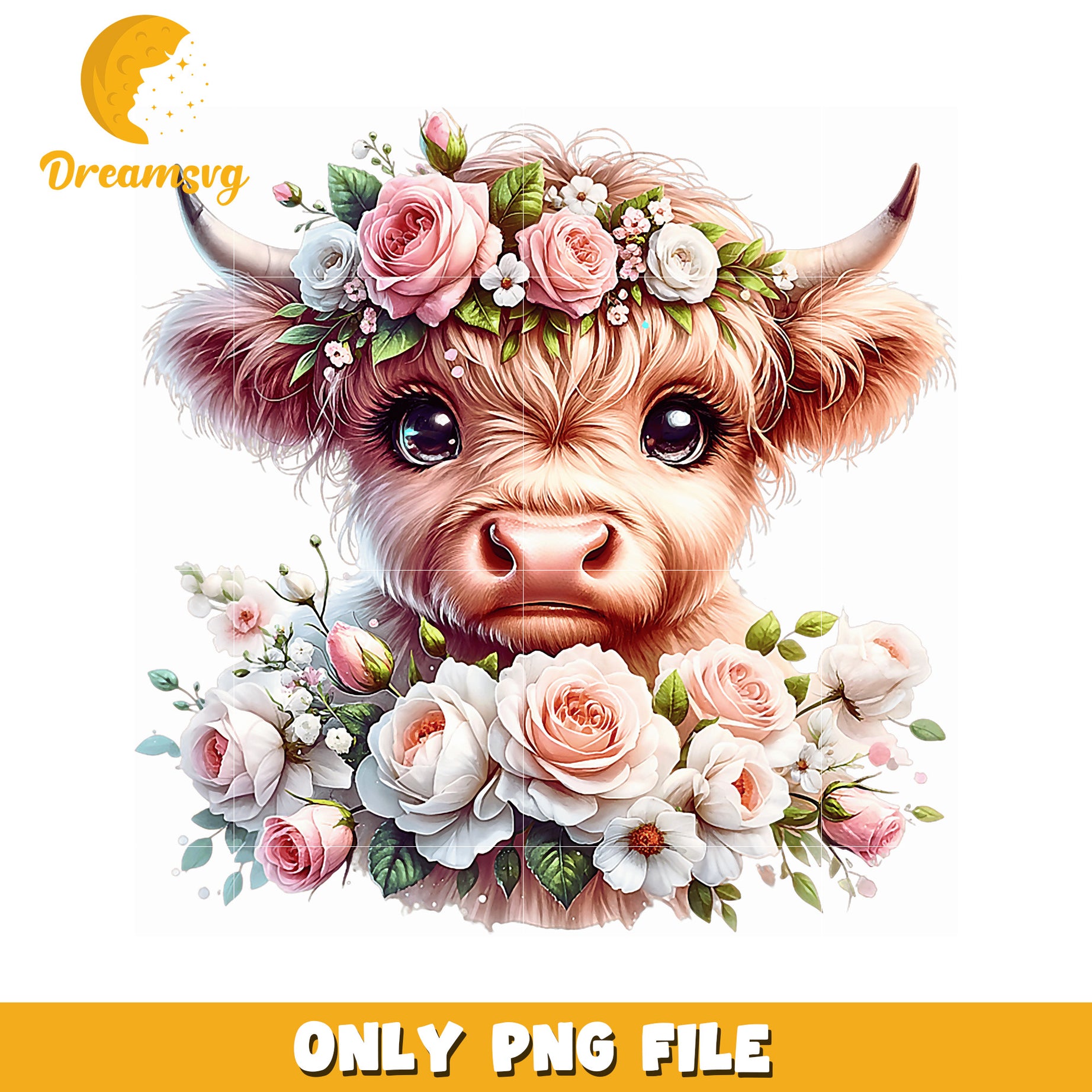 Highland Cow with Flowers PNG