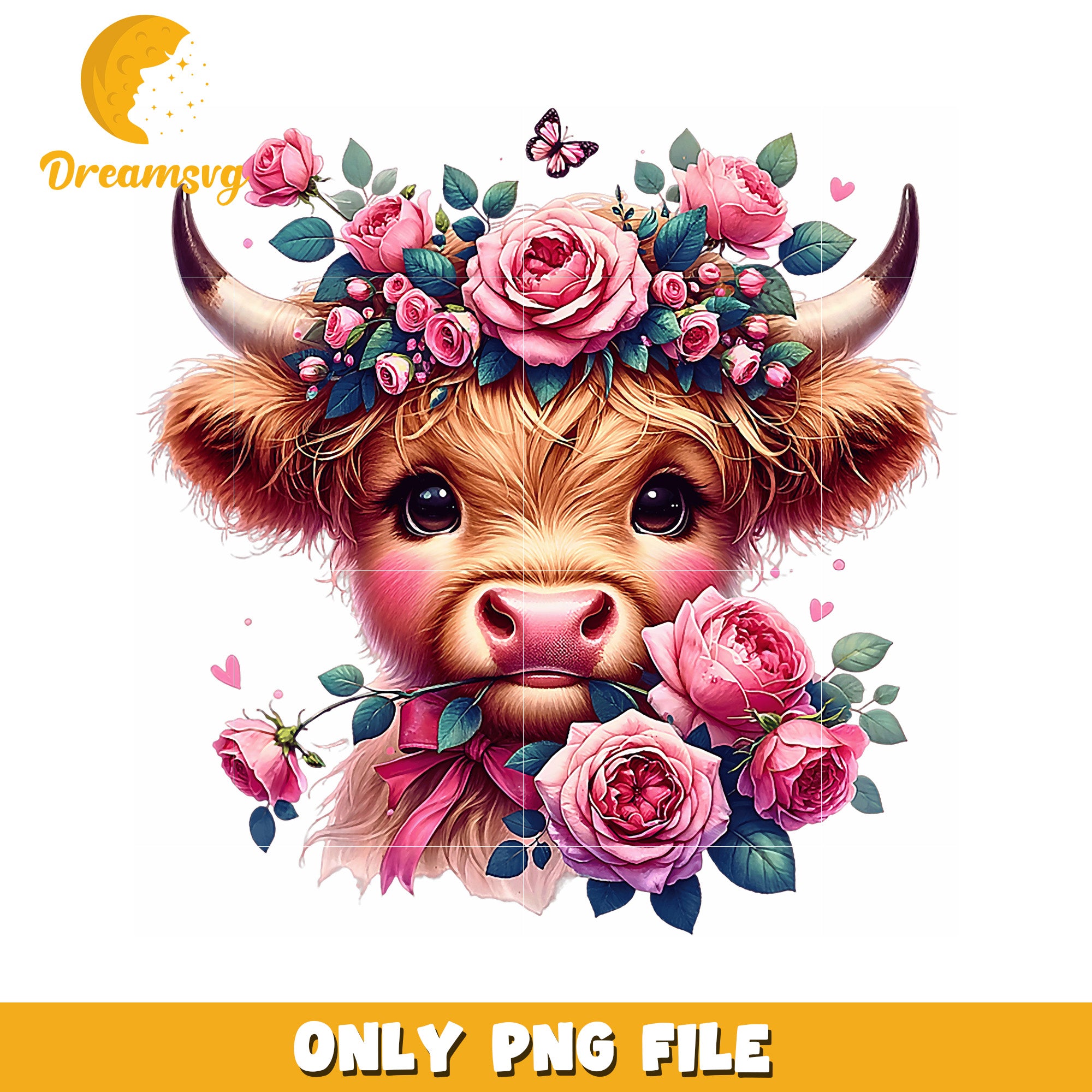 Highland Cow with Roses PNG Floral Cow Design