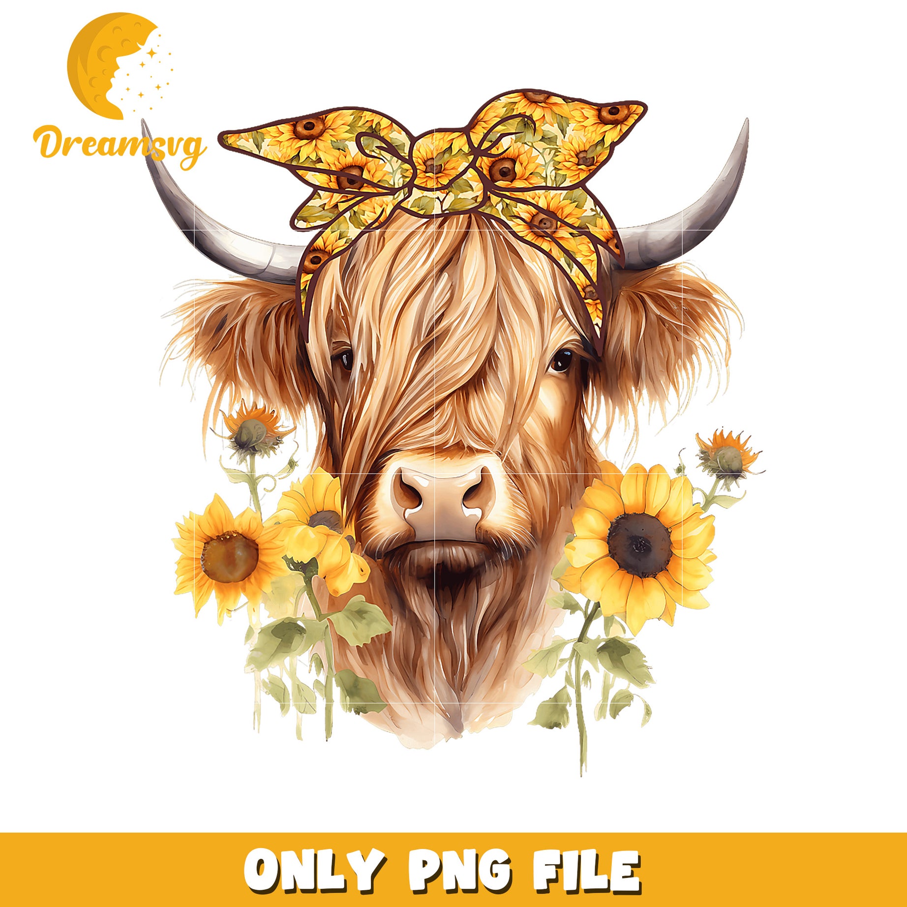 Highland Cow with Sunflowers PNG Graphic Downloadable Art