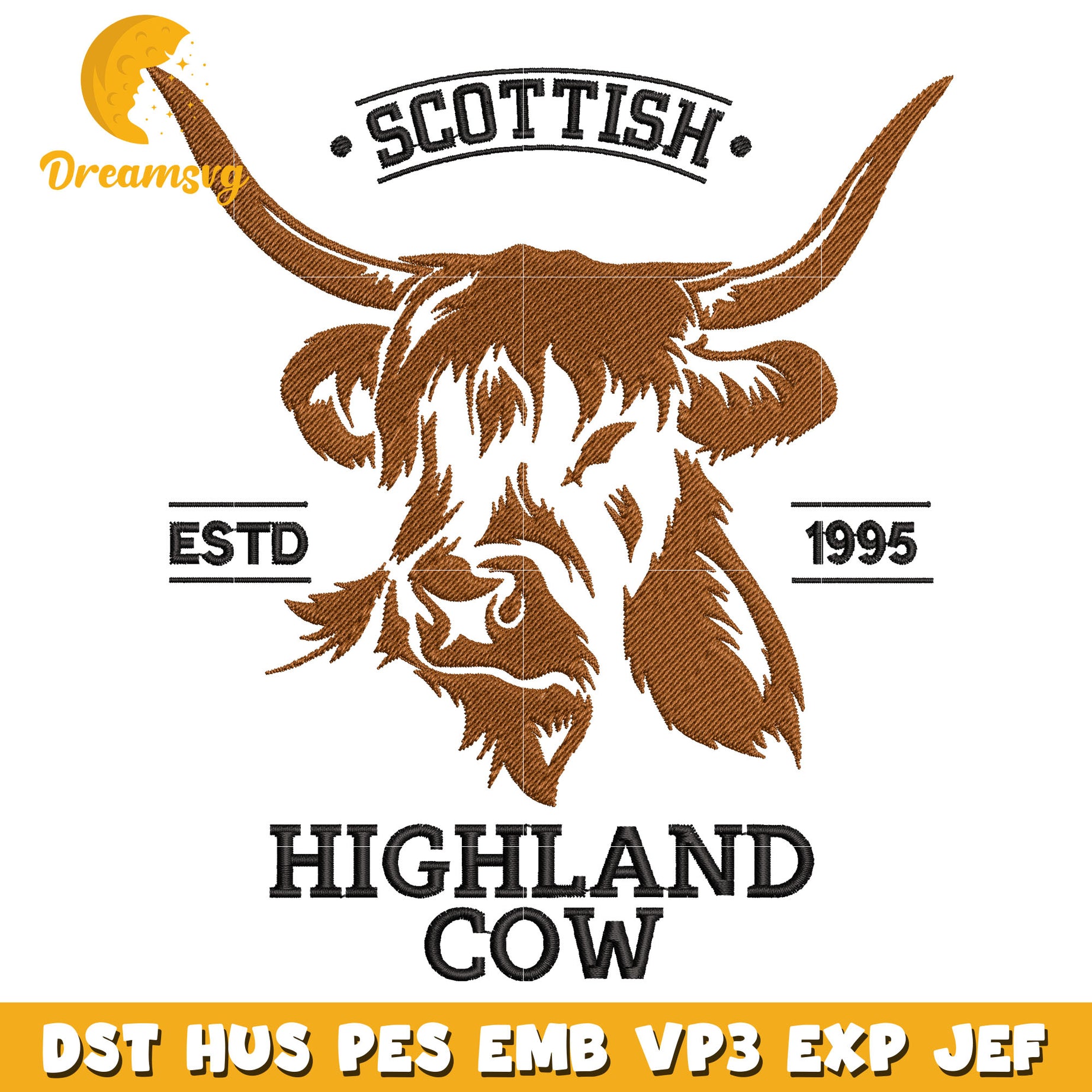 Scottish Highland cow head embroidery design