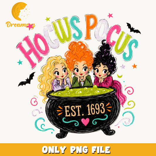 Hocus Pocus Witches Clipart, Colorful Cauldron Three Girls, Halloween