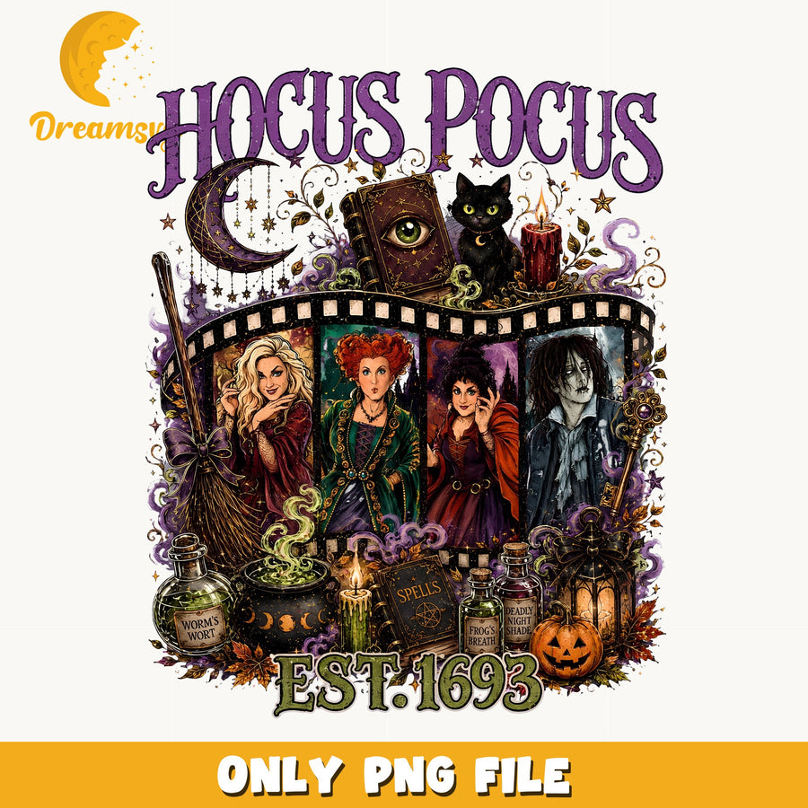 Hocus Pocus Witches Clipart, Purple Spell Book Black Cat, EST 1693 PNG